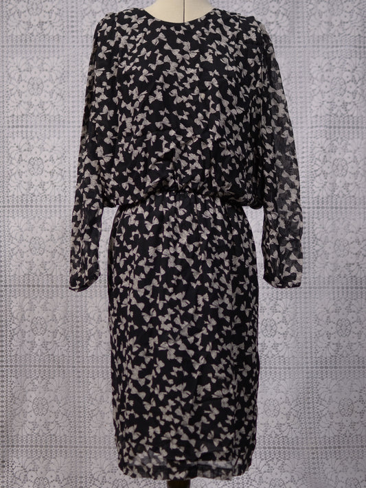1980s black and white bow print blouson midi party dress
