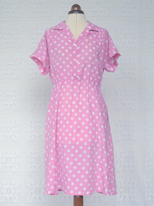 1980s style pink and white polkadot short sleeve shirt midi dress