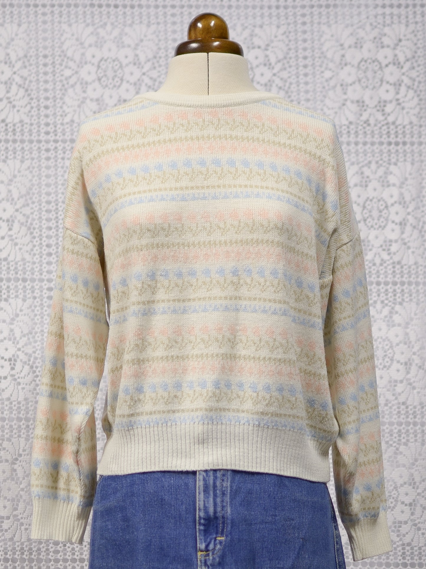1980s Littlewoods cream, pink and blue tulip floral stripe jumper