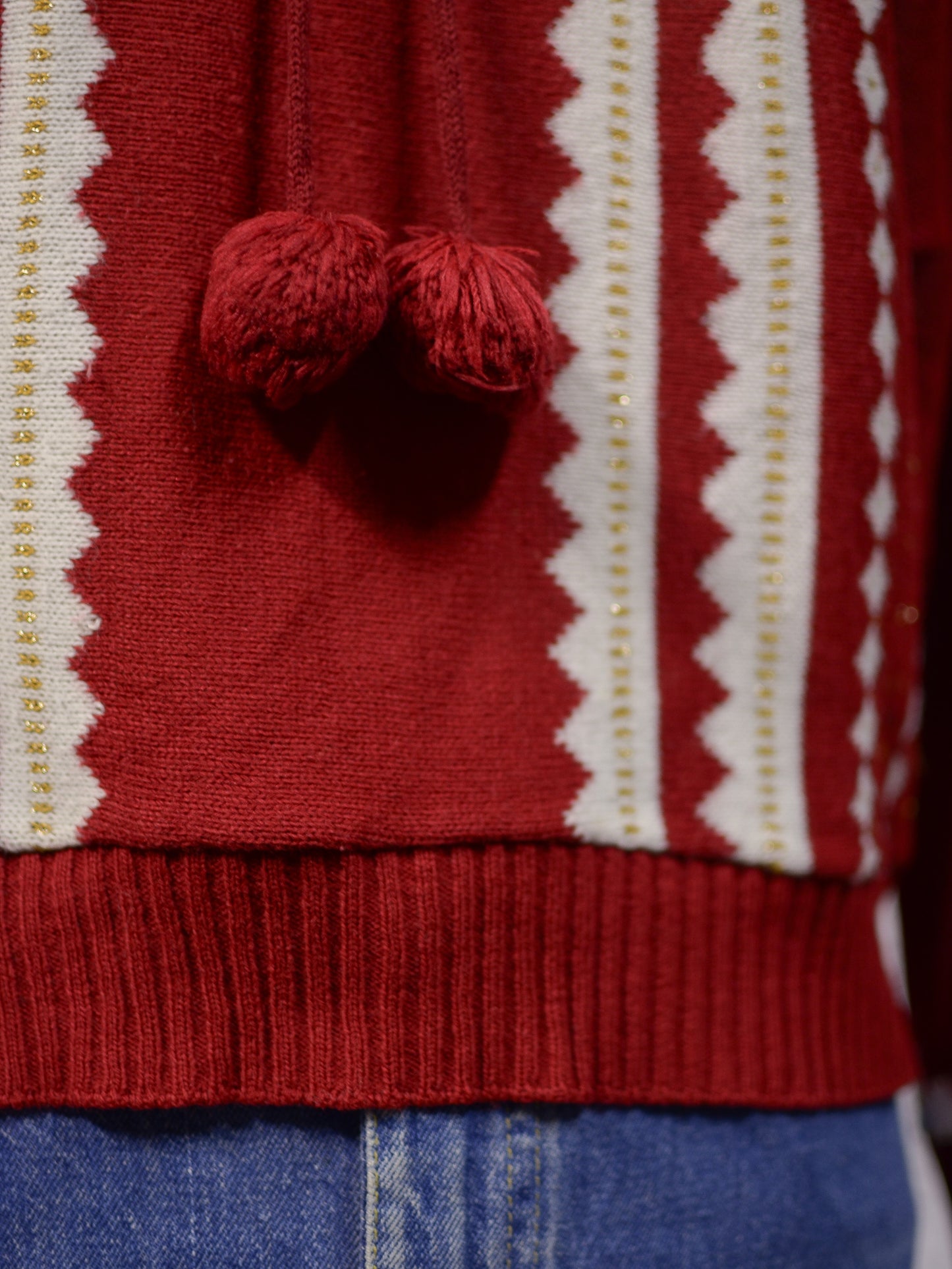 1980s Etam red, white and gold frill neck pompom jumper