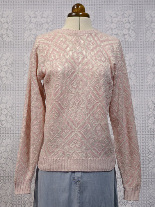 1980s pink and silvery white patterned long sleeve jumper