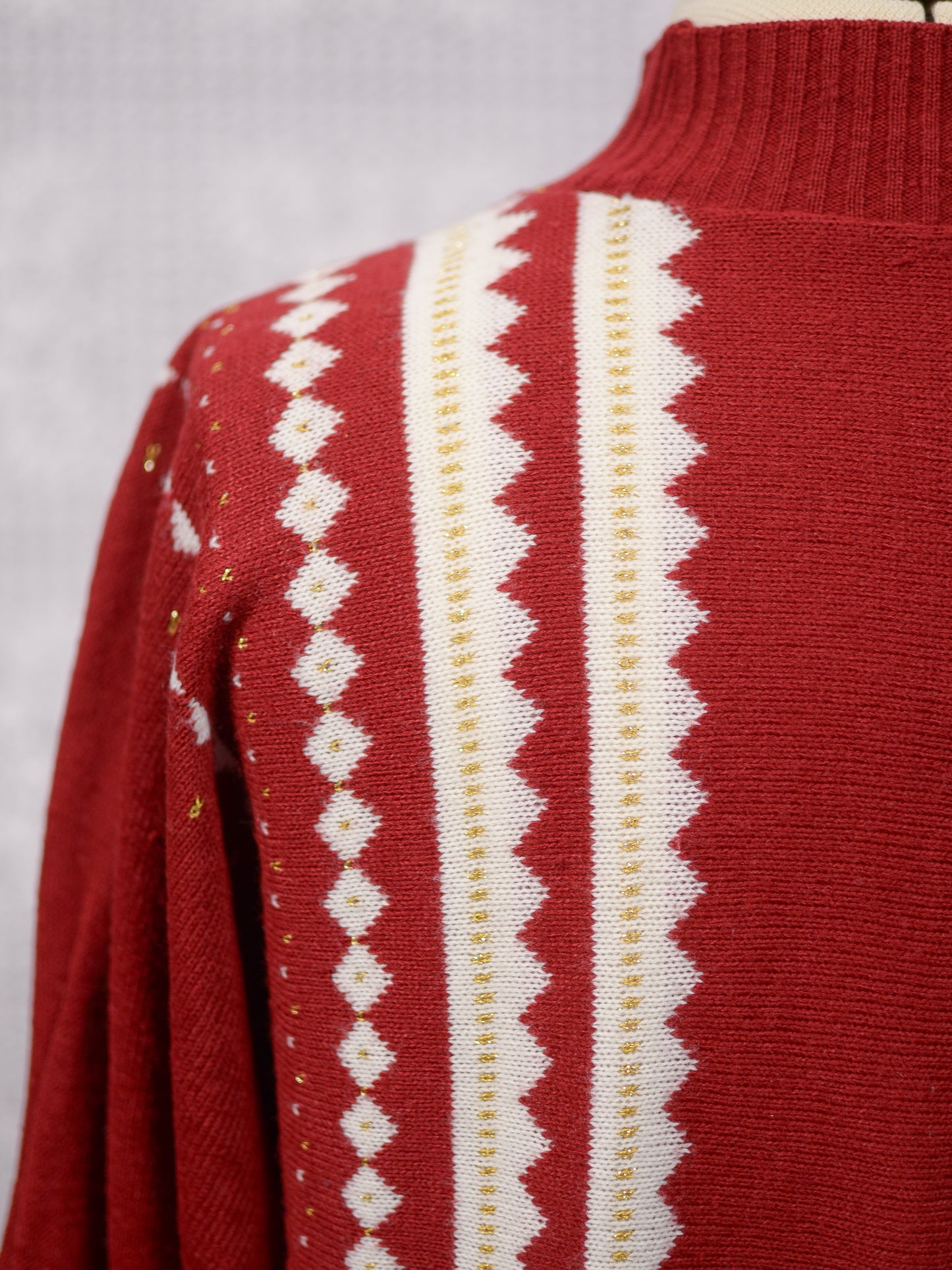 1980s Etam red, white and gold frill neck pompom jumper