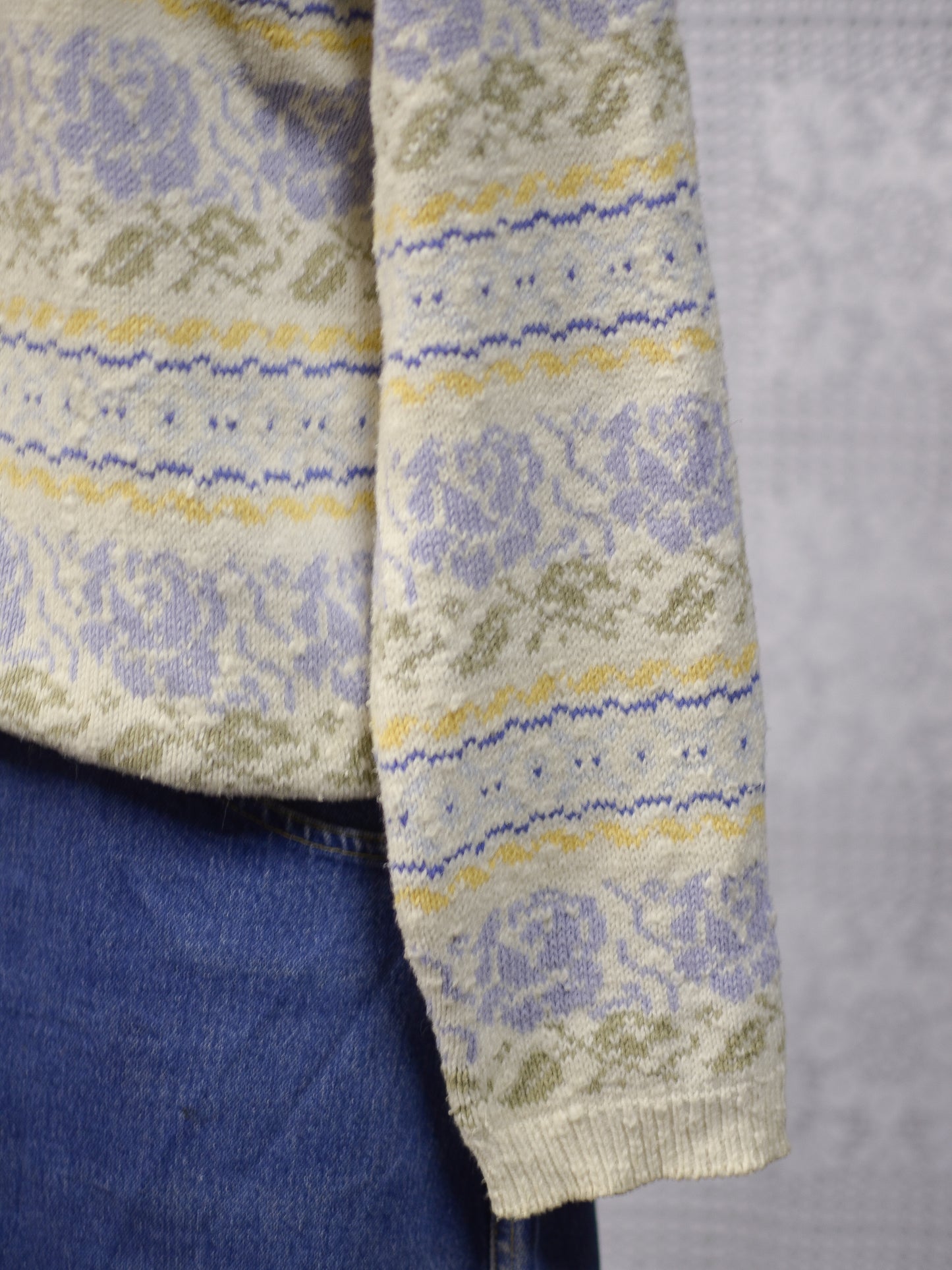 1980s Dorothy Perkins cream, pale blue and yellow rose floral pattern jumper