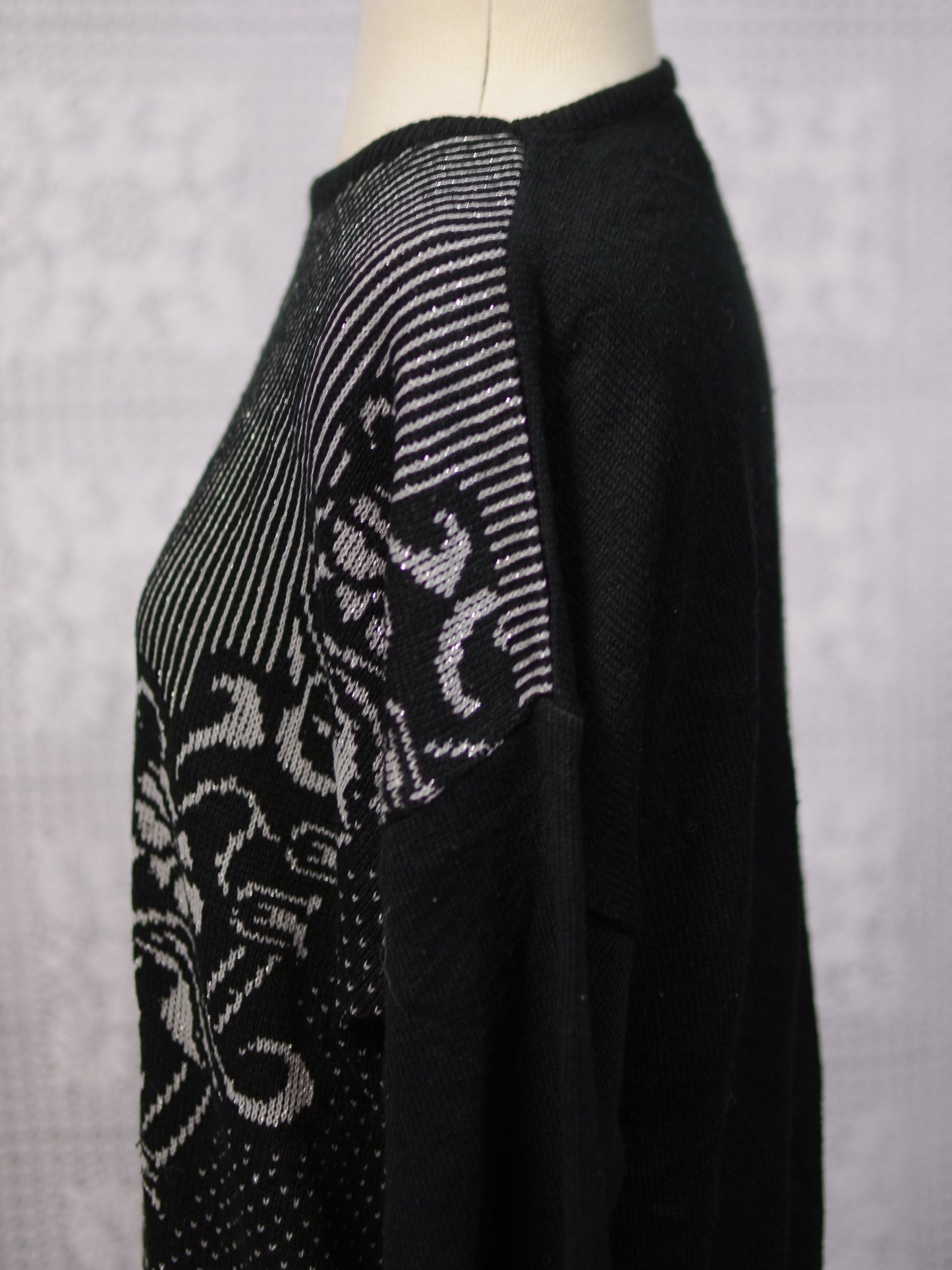 1980s Sears black, grey and silver striped and floral jumper