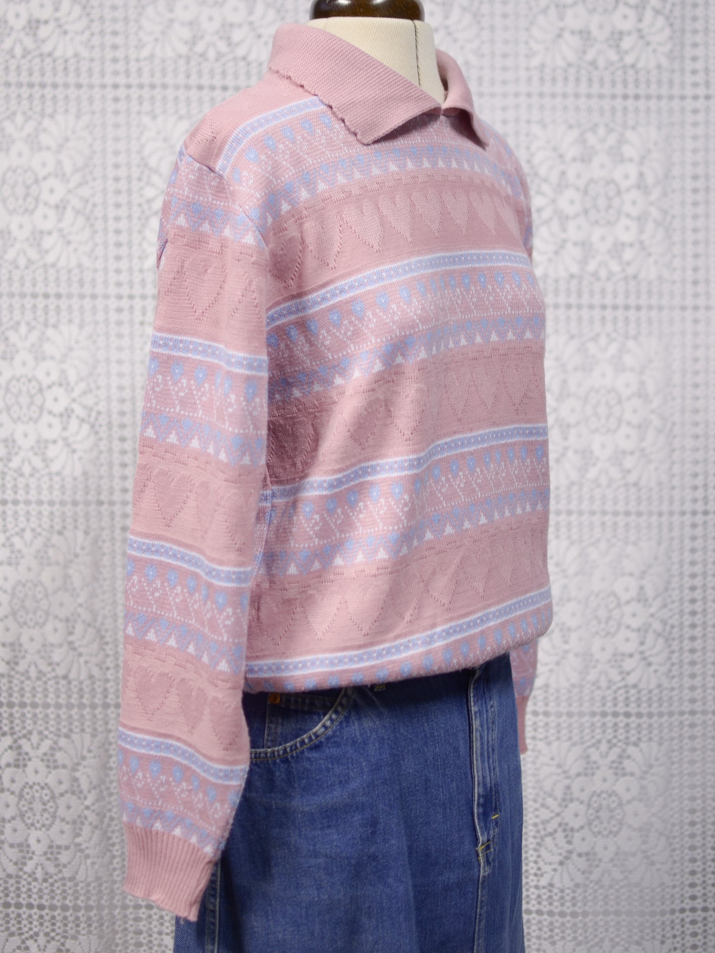 1990s pastel pink heart stripe patterned collared jumper