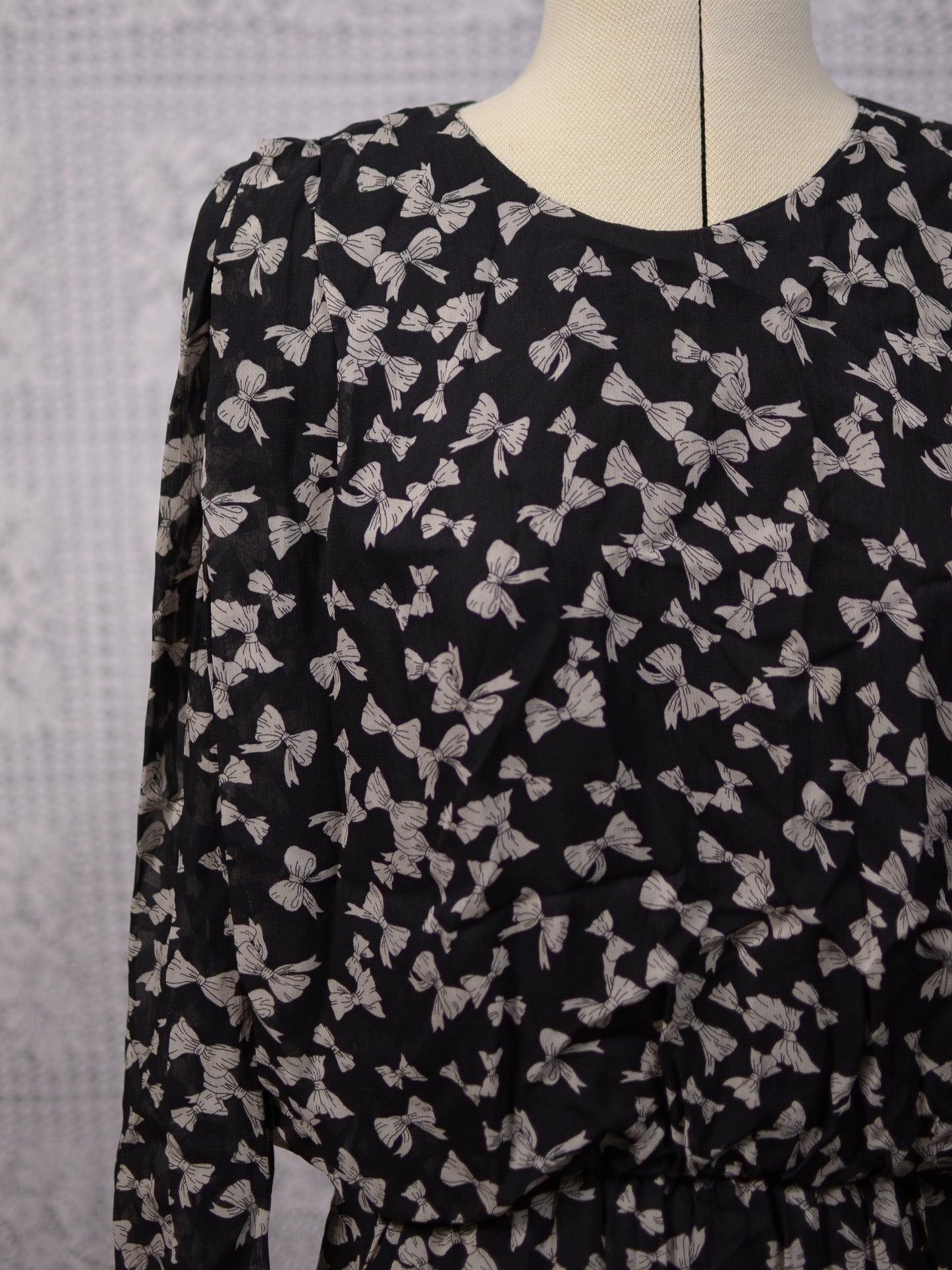 1980s black and white bow print blouson midi party dress