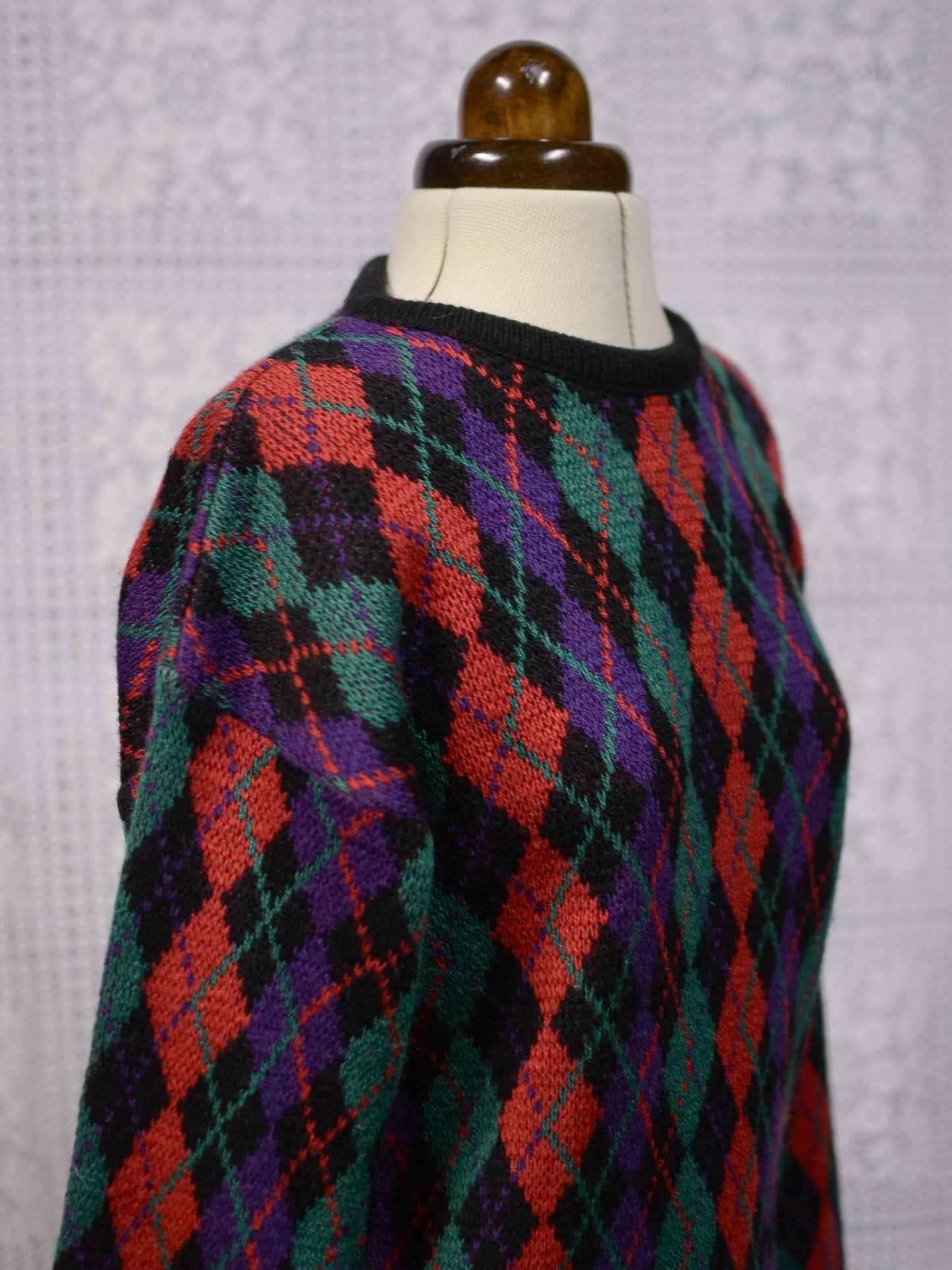 1980s black, red, green and purple argyle pattern jumper