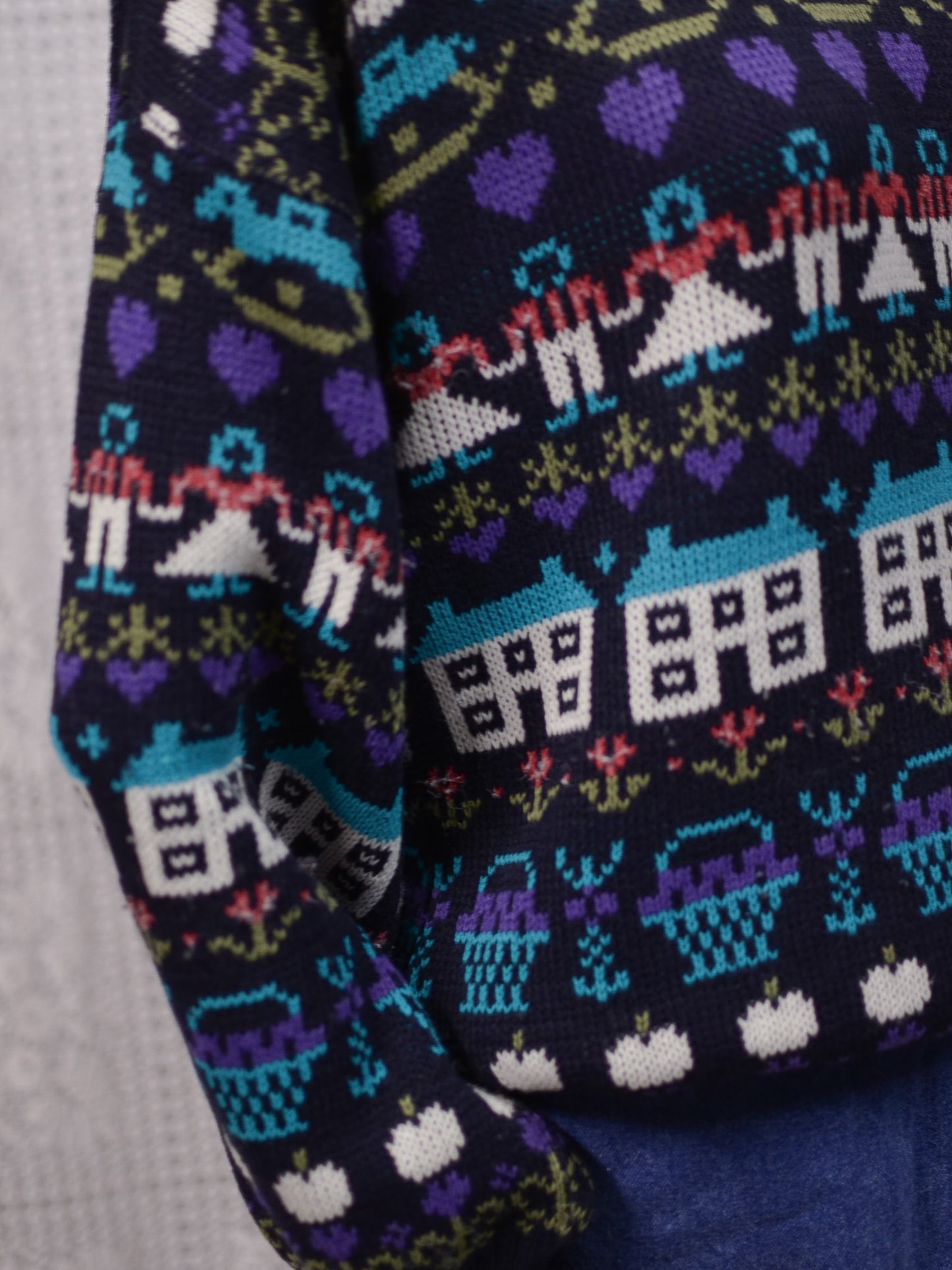 1980s navy blue, purple and blue novelty folk pattern jumper