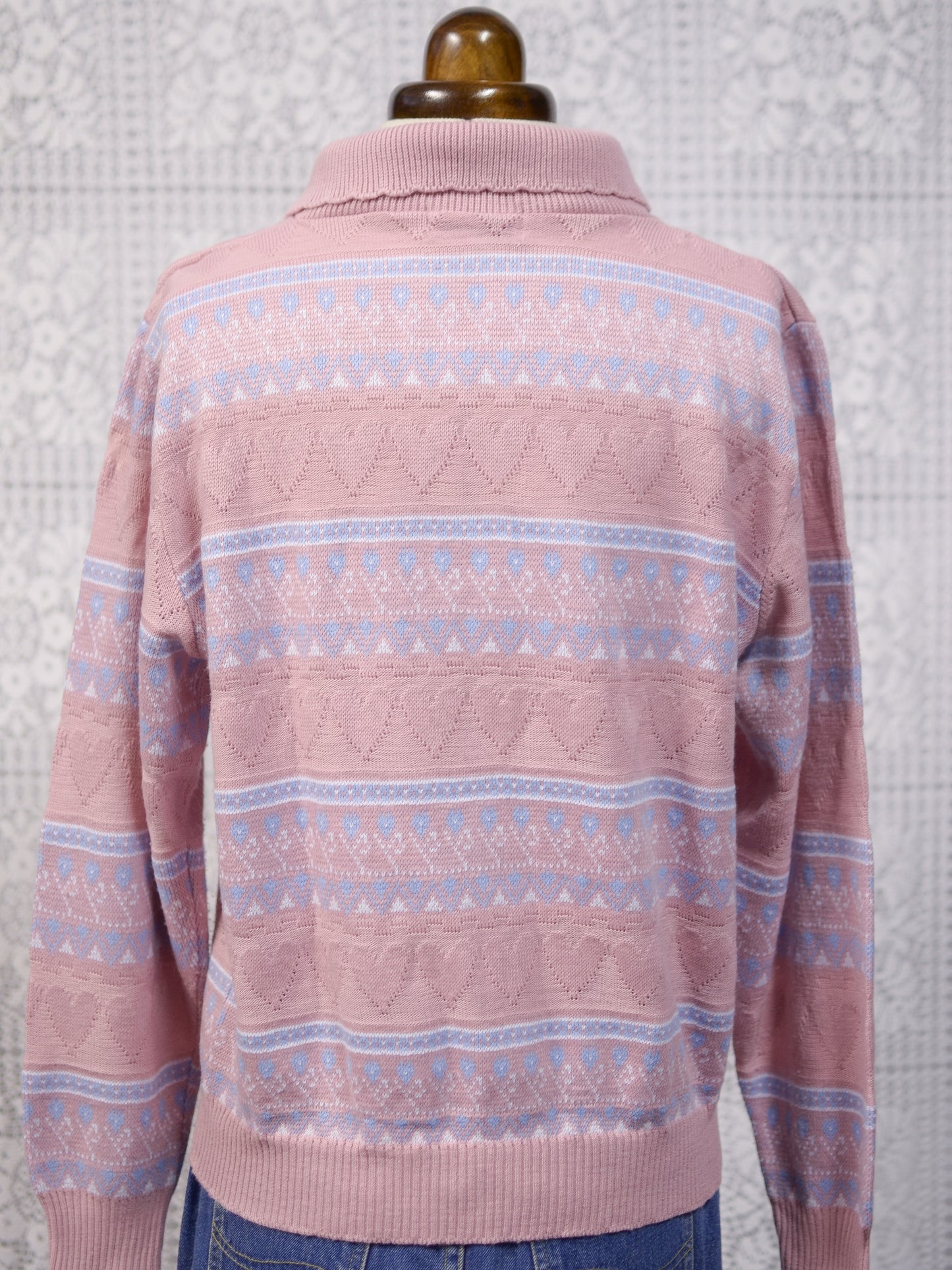 1990s pastel pink heart stripe patterned collared jumper