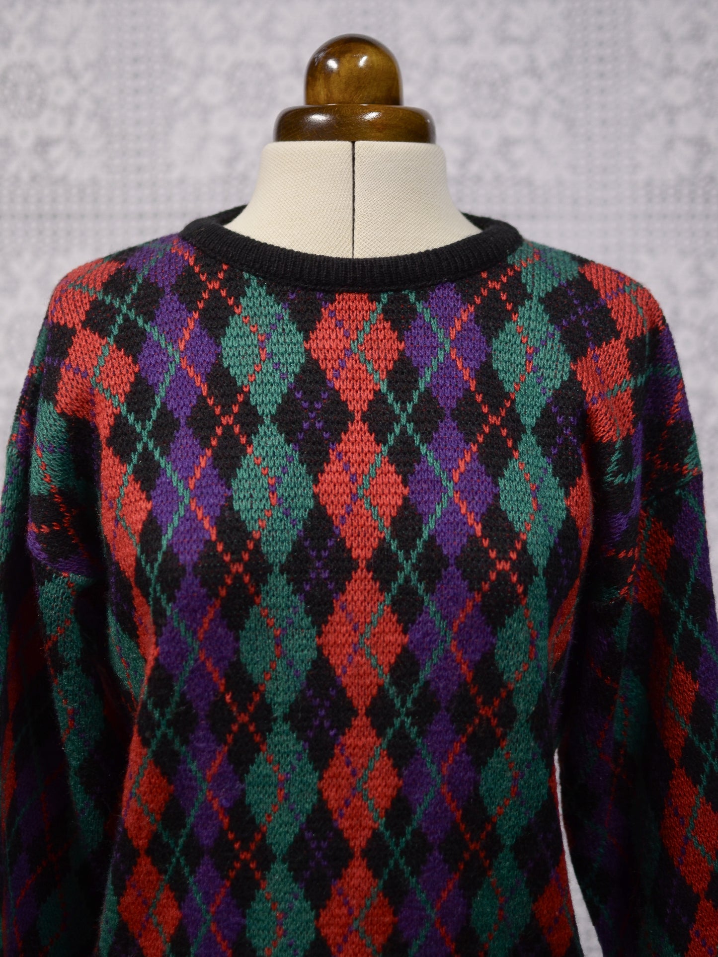 1980s black, red, green and purple argyle pattern jumper