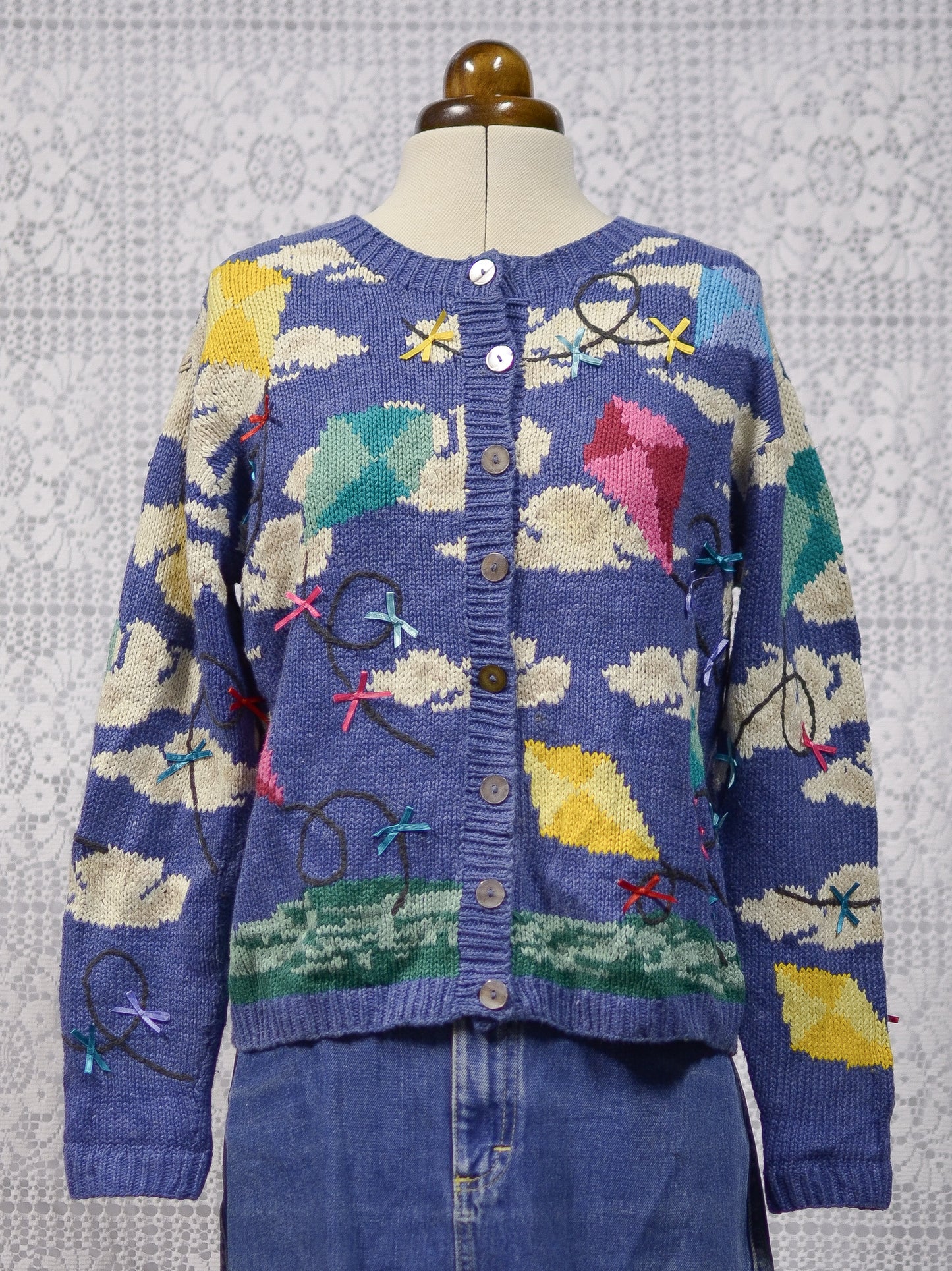 1990s Talbots blue clouds and kites colourful pattern cardigan