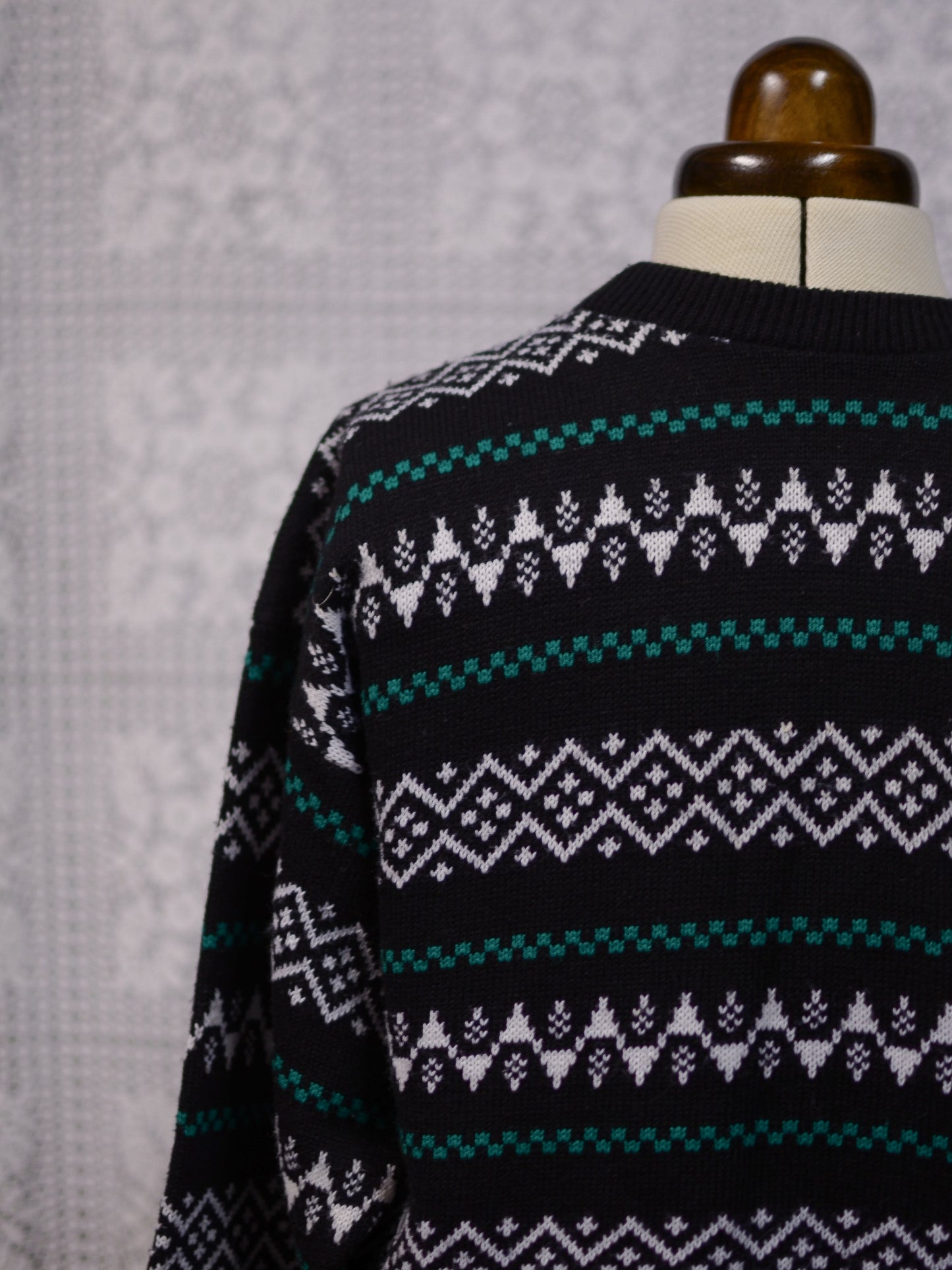 1980s black, white and green striped pattern pocket jumper