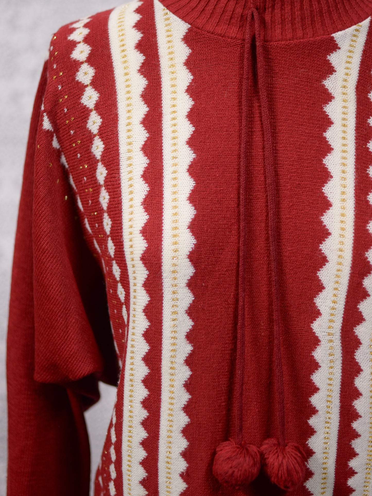 1980s Etam red, white and gold frill neck pompom jumper