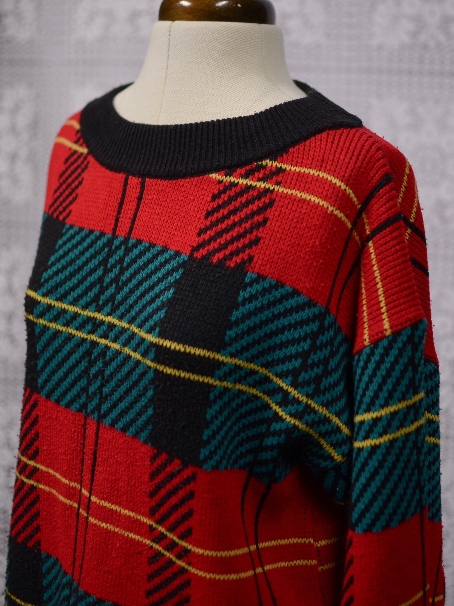 1980s St Michael red, green, black and yellow tartan jumper