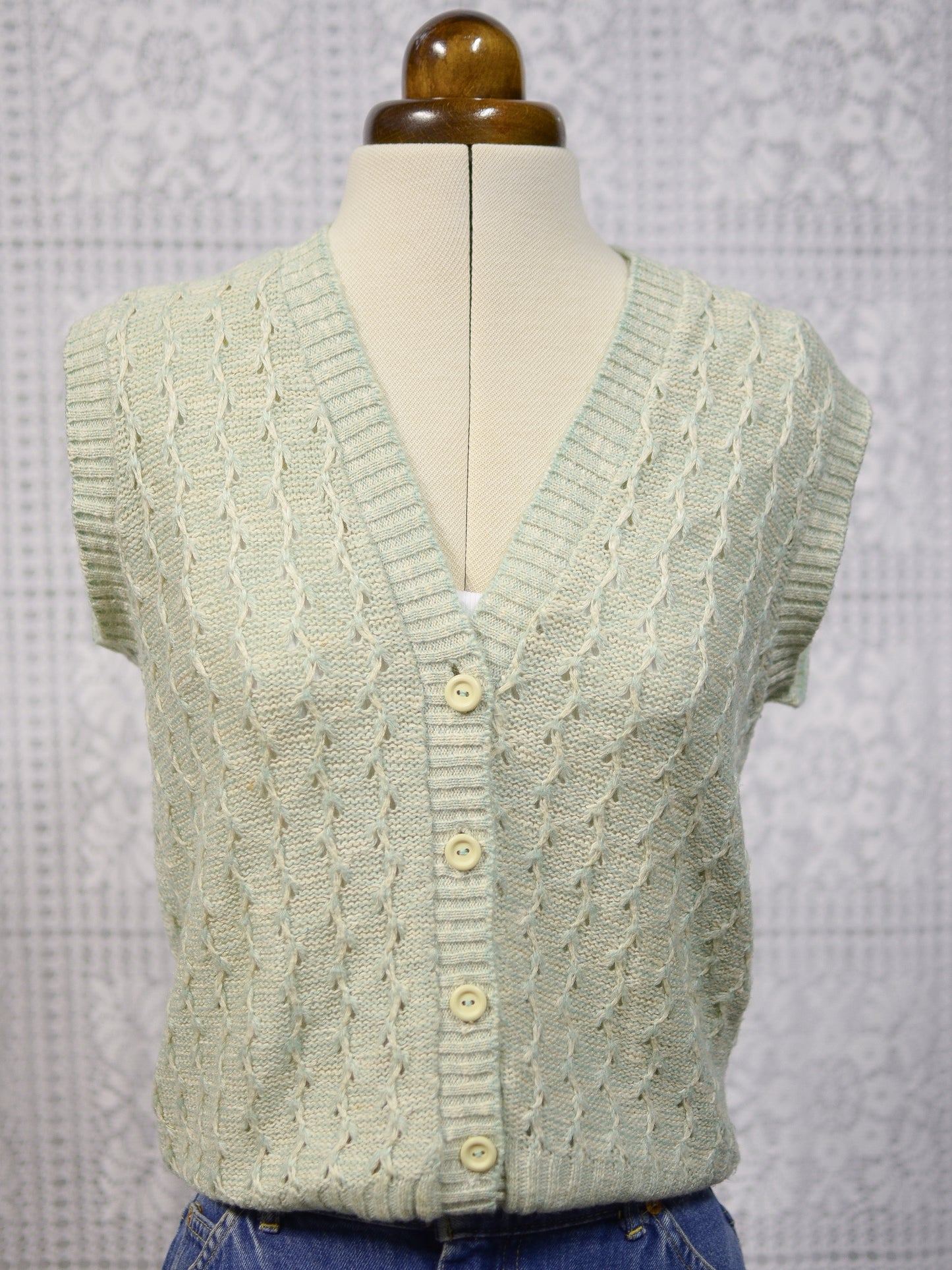 1970s mint green and cream button-up vest sleeveless cardigan tank top