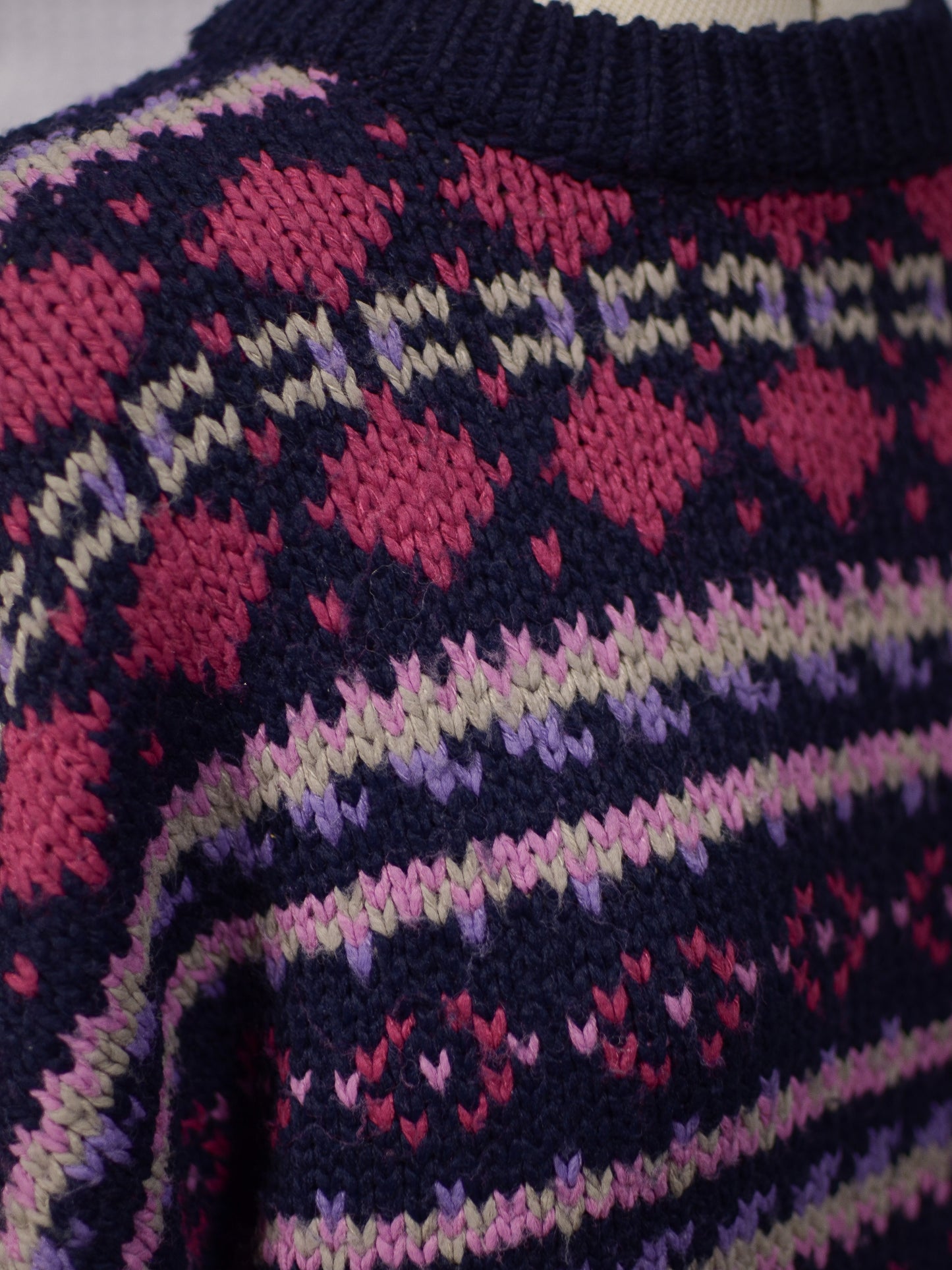 1990s Classics navy blue, pink and purple chunky striped pattern jumper