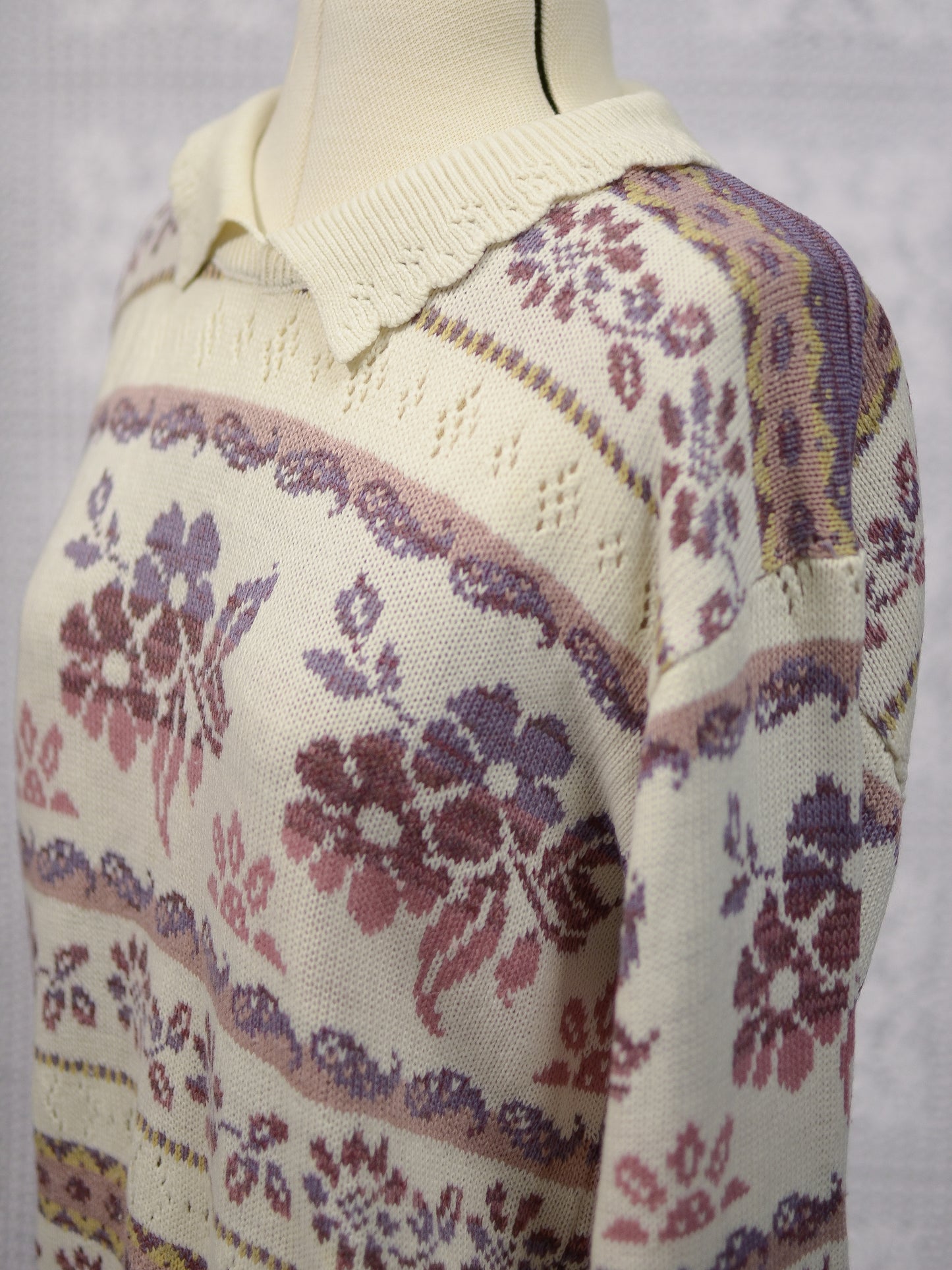 1990s St Michael cream and purple floral collared jumper
