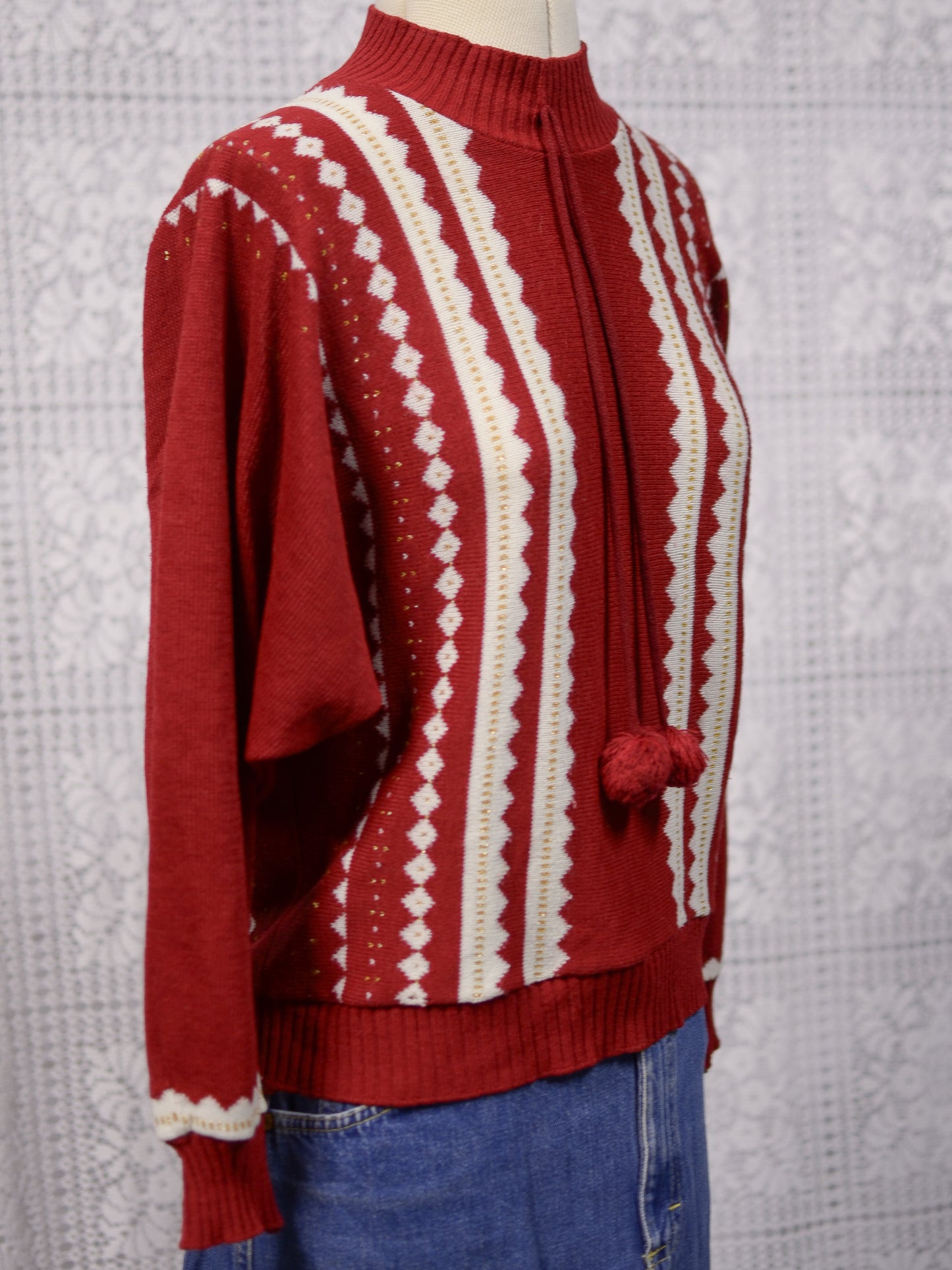 1980s Etam red, white and gold frill neck pompom jumper