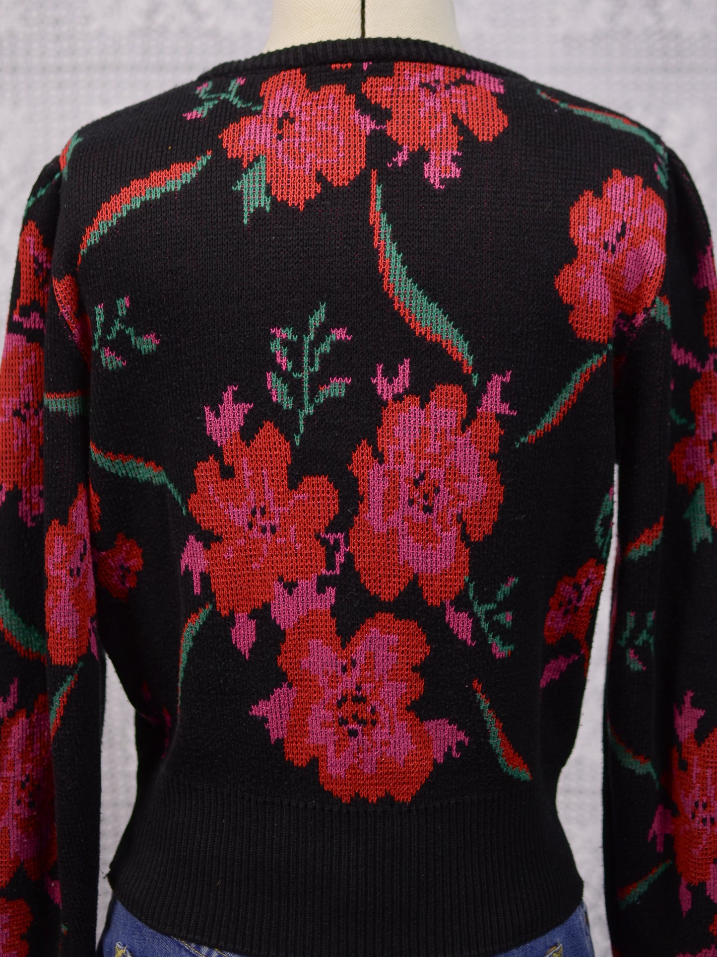 1990s St Michael black, red, pink and green floral fitted jumper
