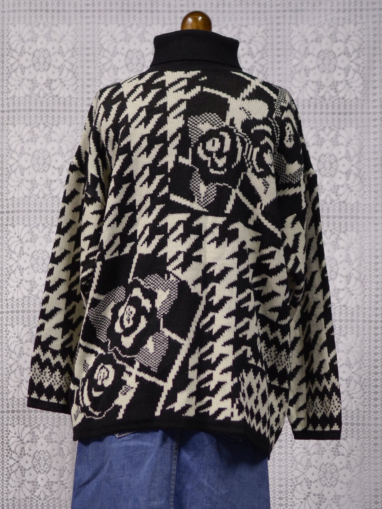 1990s St Michael white and black houndstooth and rose pattern long roll neck jumper