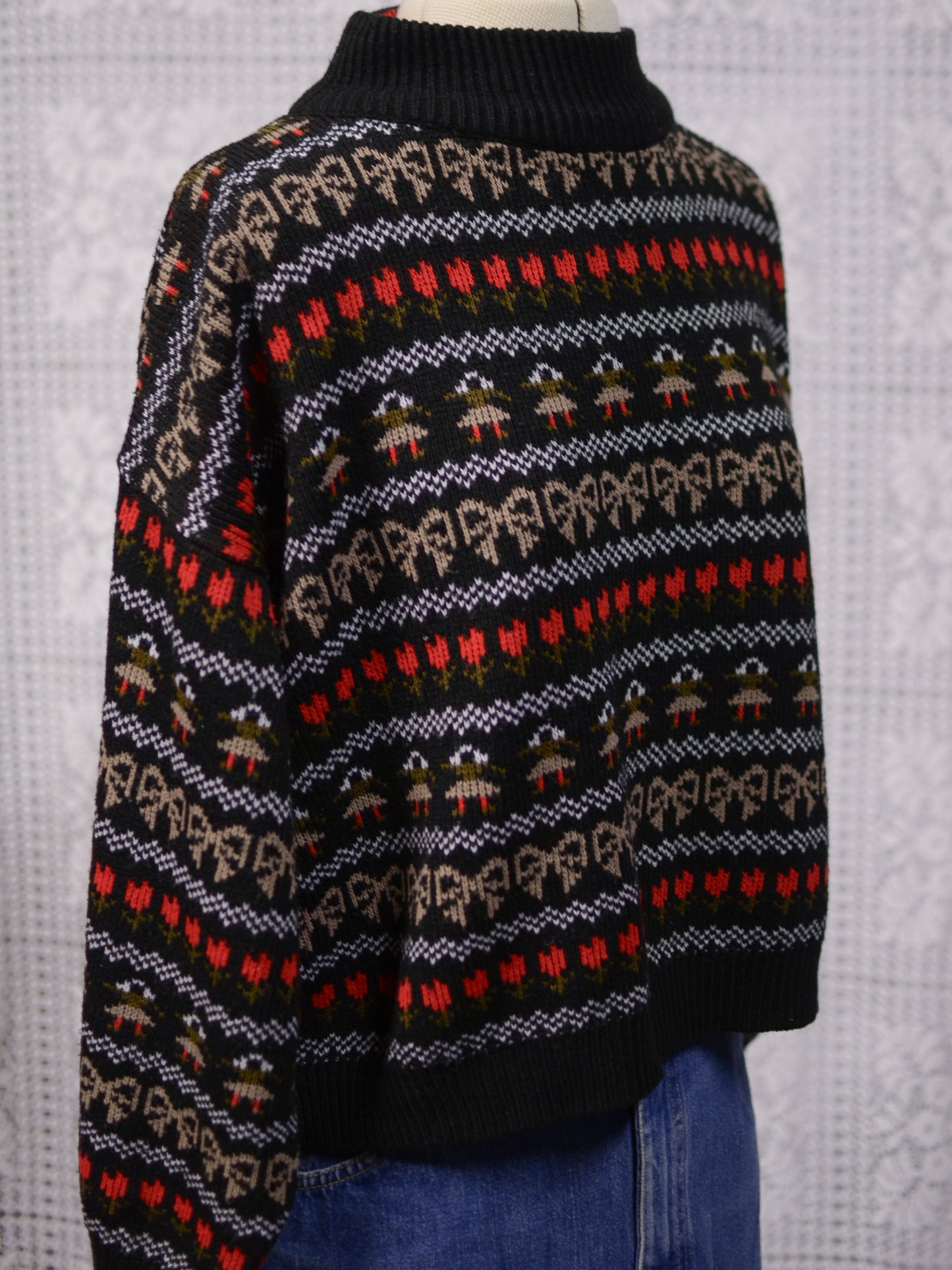 1980s black, white, red and green festive folk patterned jumper