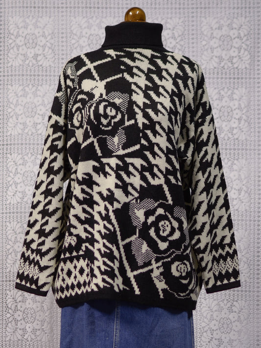 1990s St Michael white and black houndstooth and rose pattern long roll neck jumper