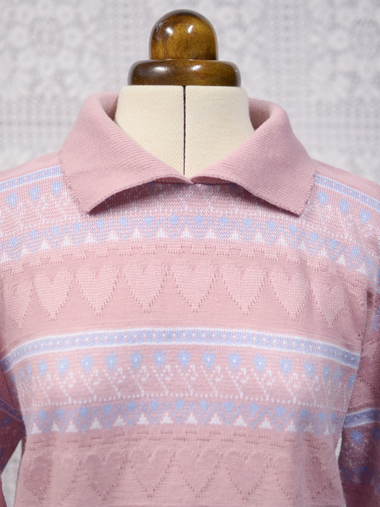 1990s pastel pink heart stripe patterned collared jumper