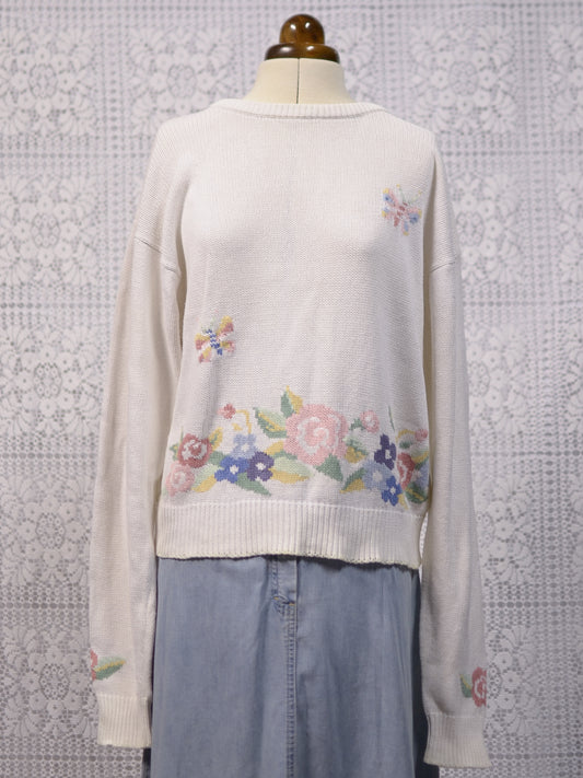 1990s Tulchan white floral and butterfly cotton jumper