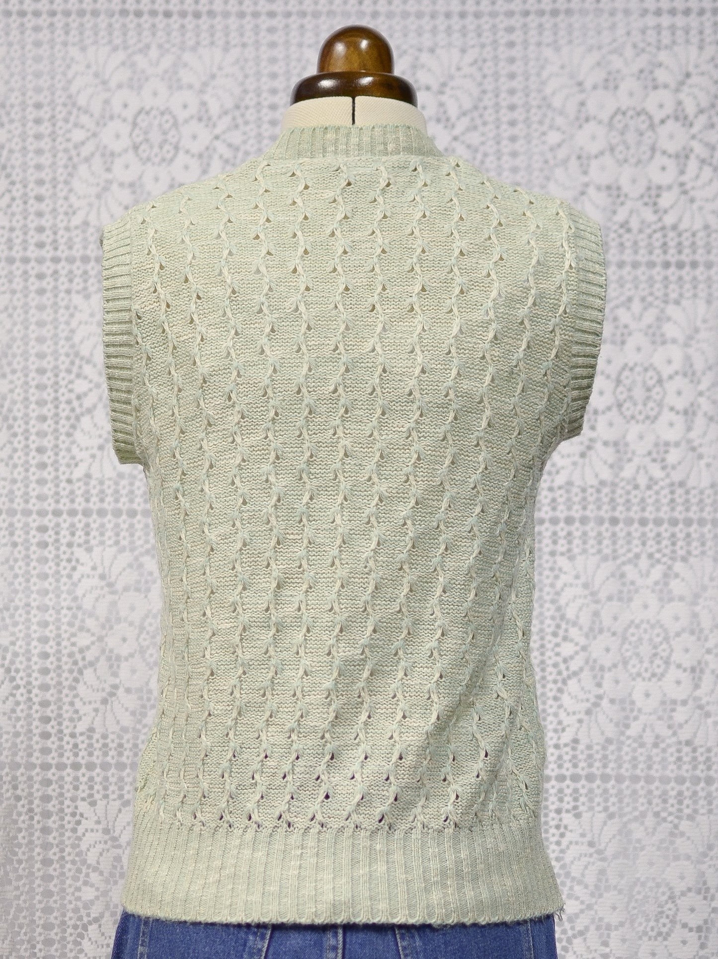 1970s mint green and cream button-up vest sleeveless cardigan tank top