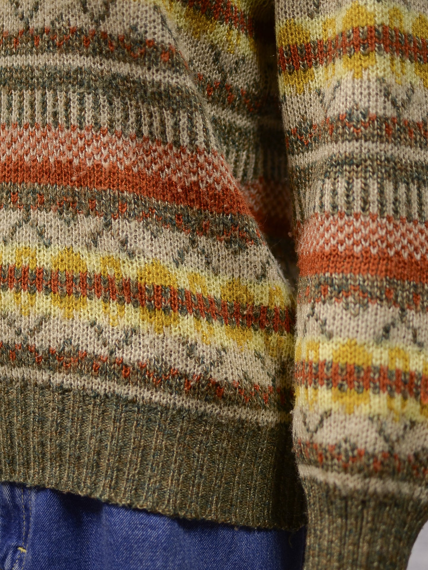 1970s BHS brown, orange and yellow patterned stripe jumper
