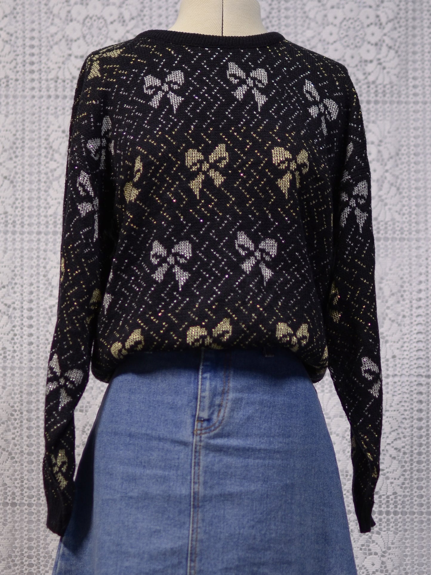 1980s black, silver and gold metallic bow festive christmas jumper