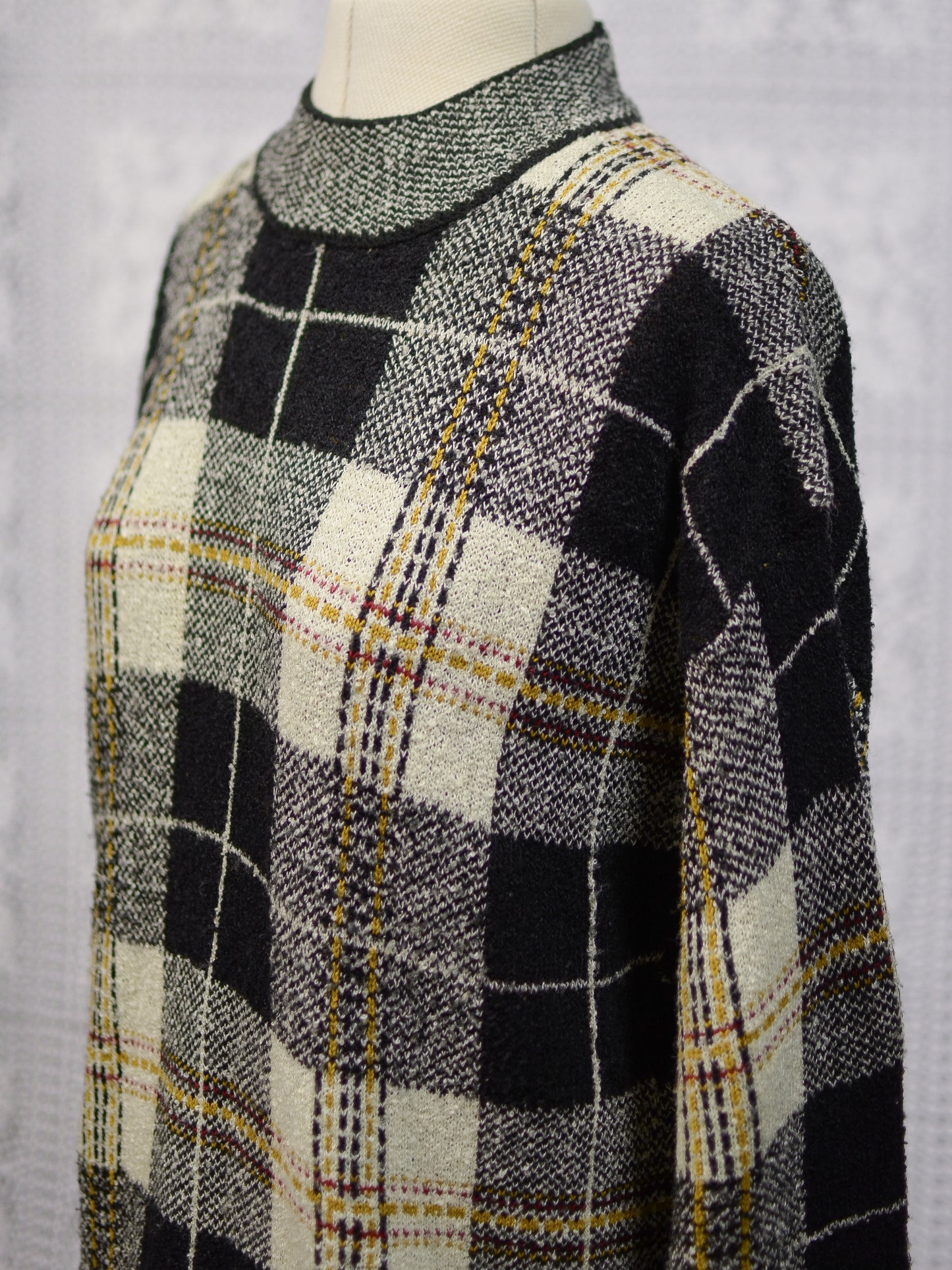 1990s St Michael black and cream tartan check long high neck jumper