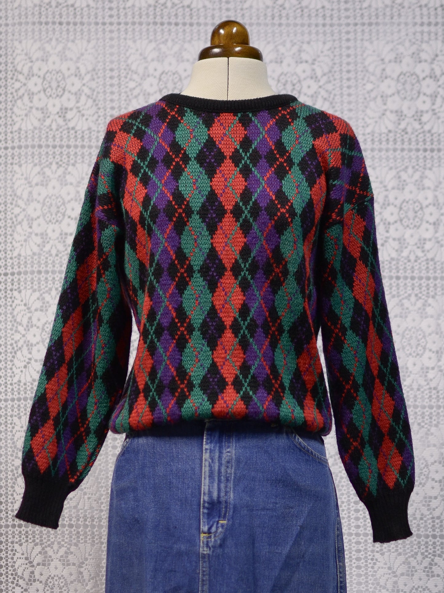 1980s black, red, green and purple argyle pattern jumper