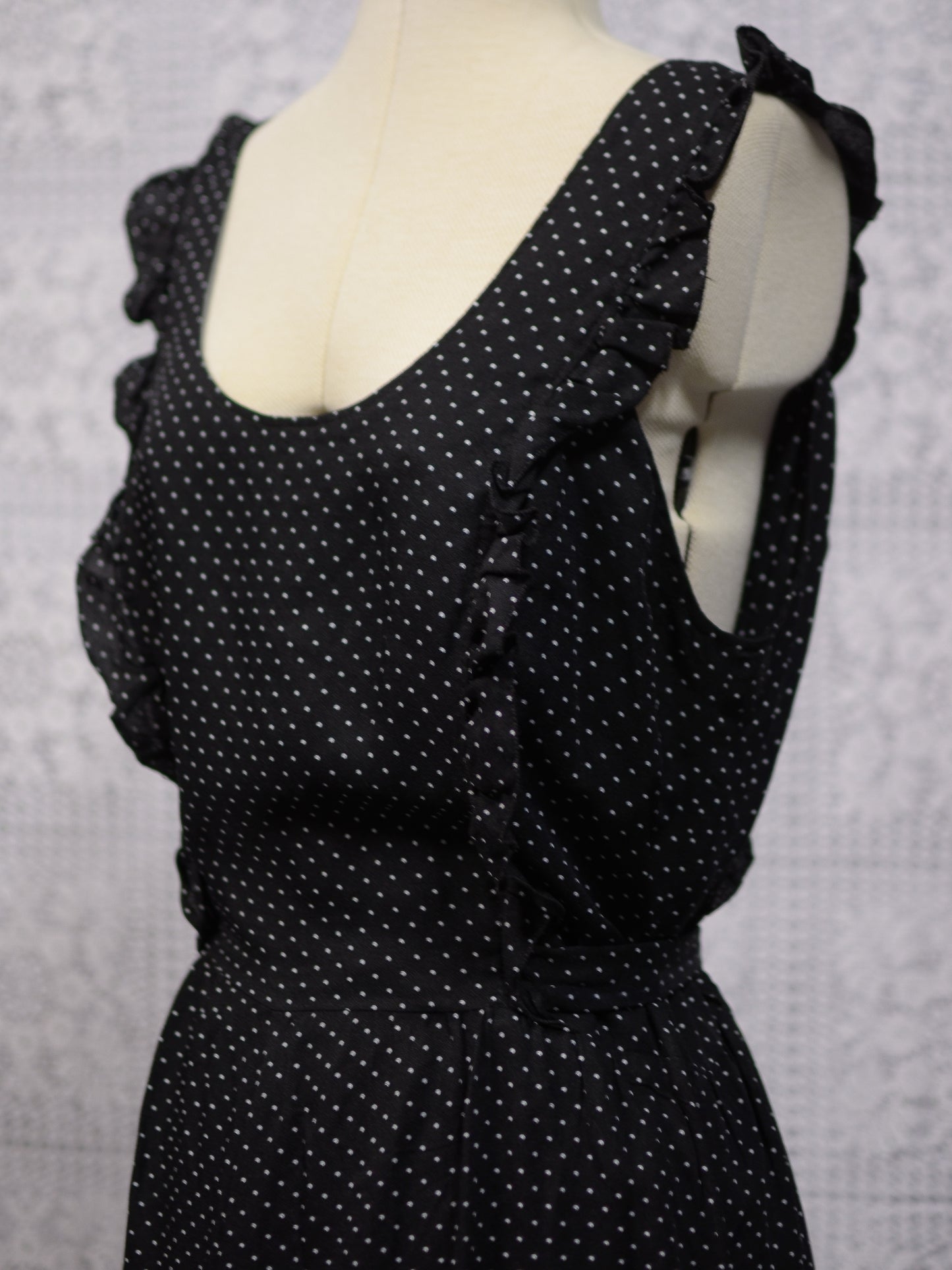 1970s black and white polkadot frilled pinafore maxi dress