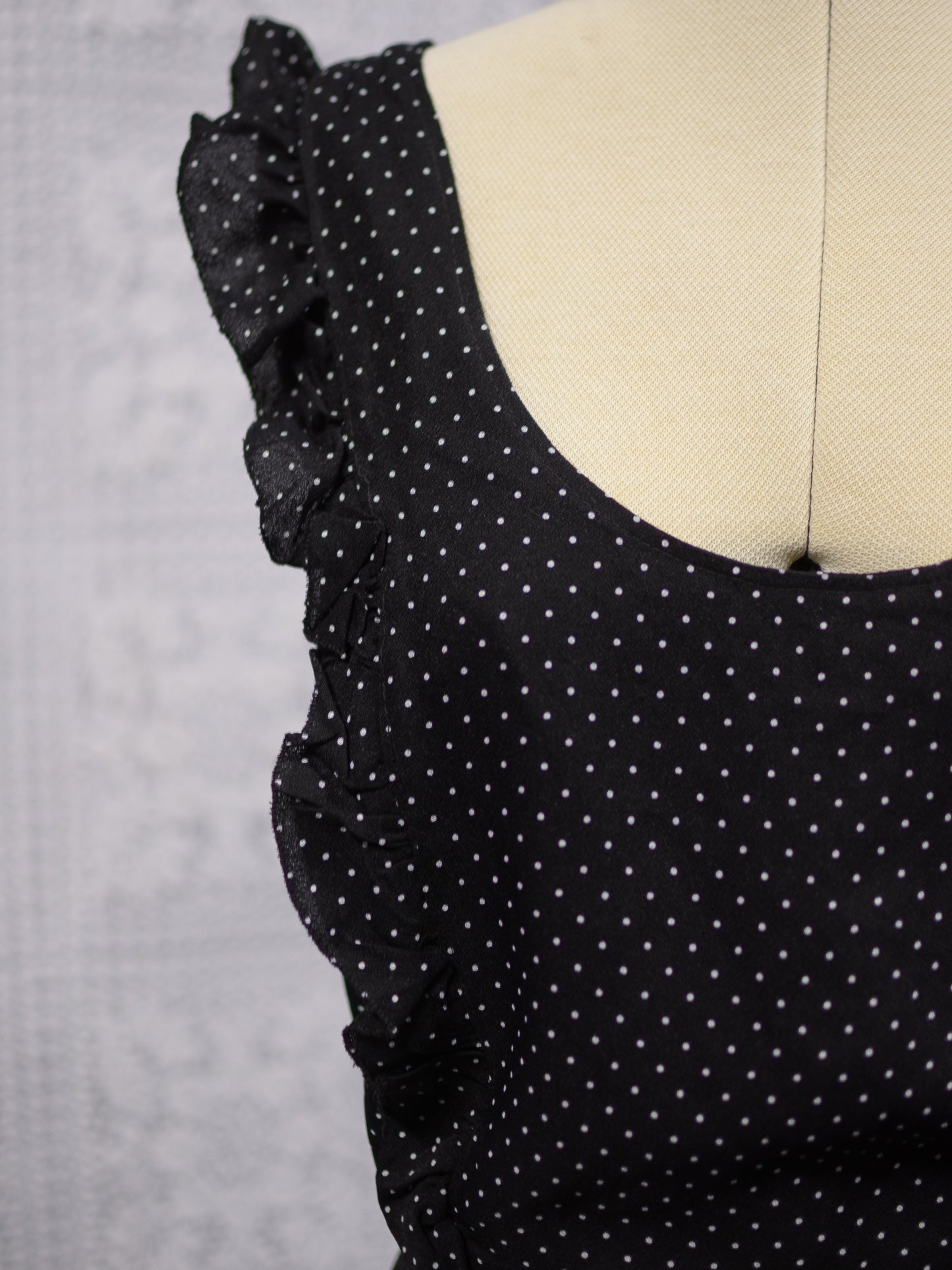 1970s black and white polkadot frilled pinafore maxi dress