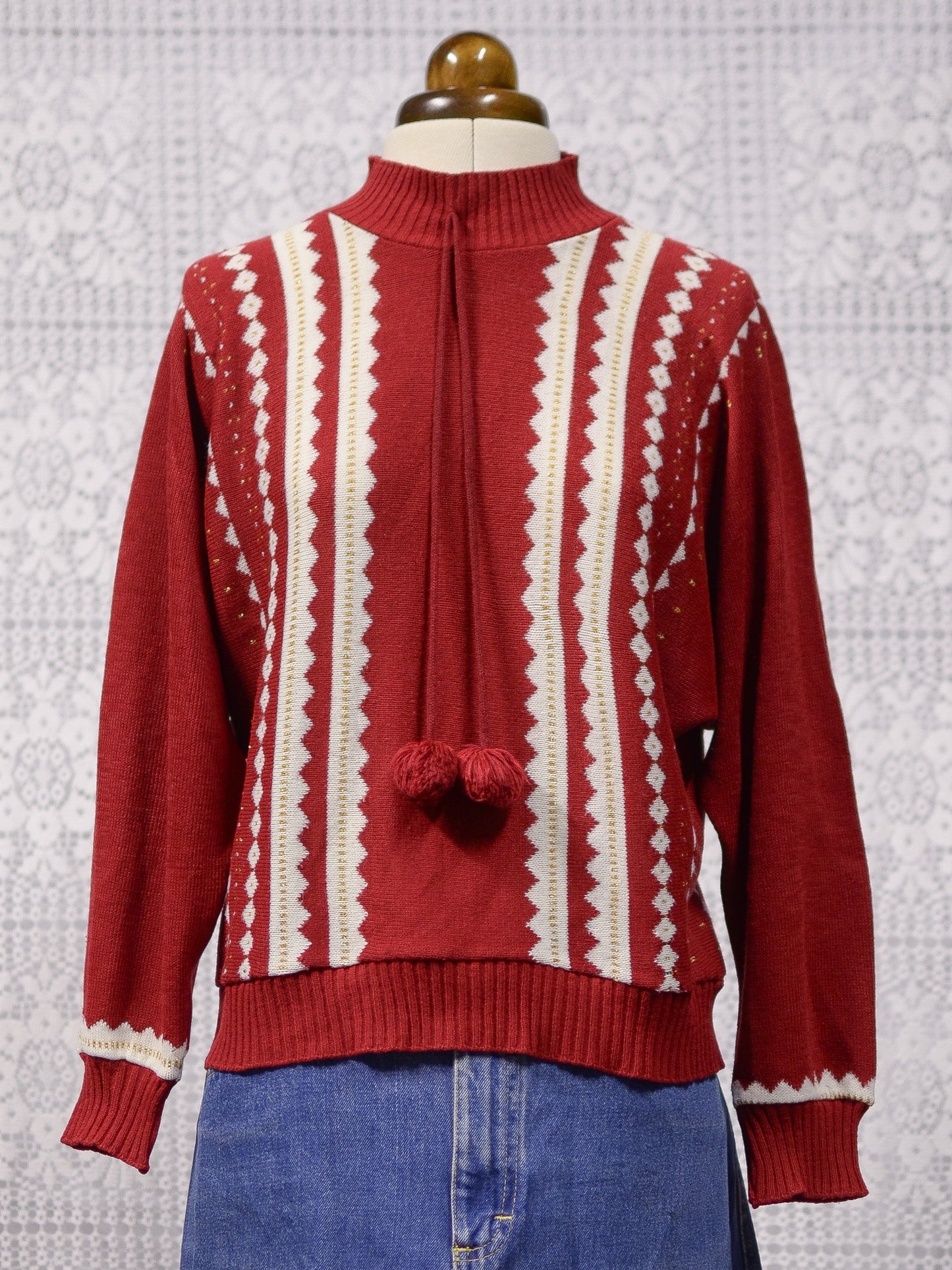1980s Etam red, white and gold frill neck pompom jumper