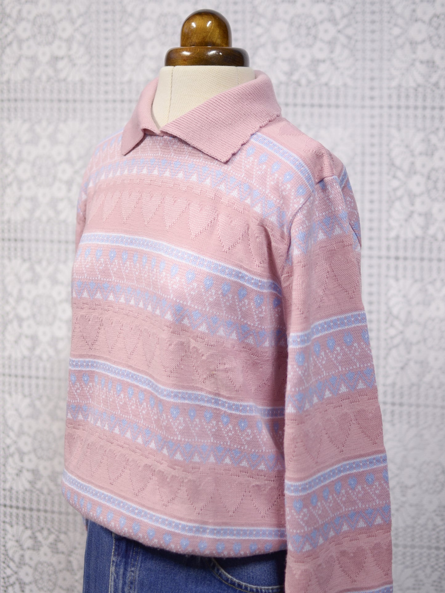 1990s pastel pink heart stripe patterned collared jumper