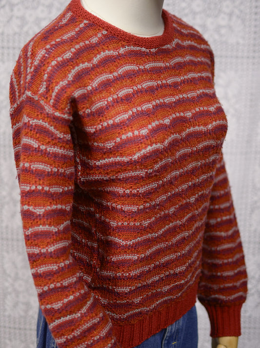 1970s dark red, orange and purple patterned stripe jumper
