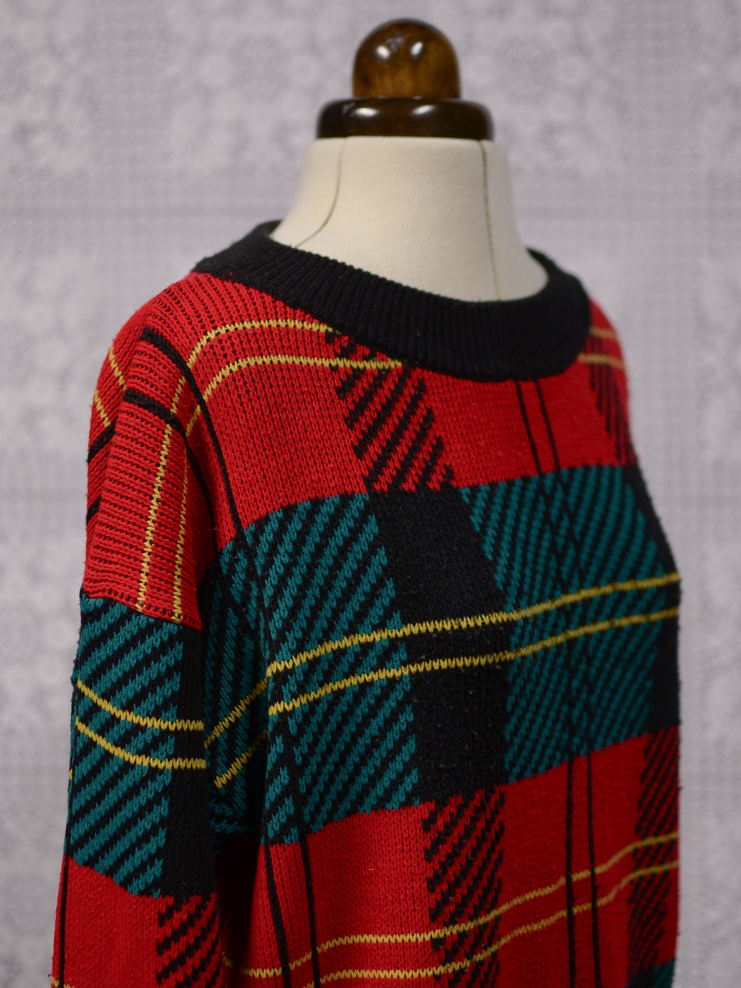 1980s St Michael red, green, black and yellow tartan jumper