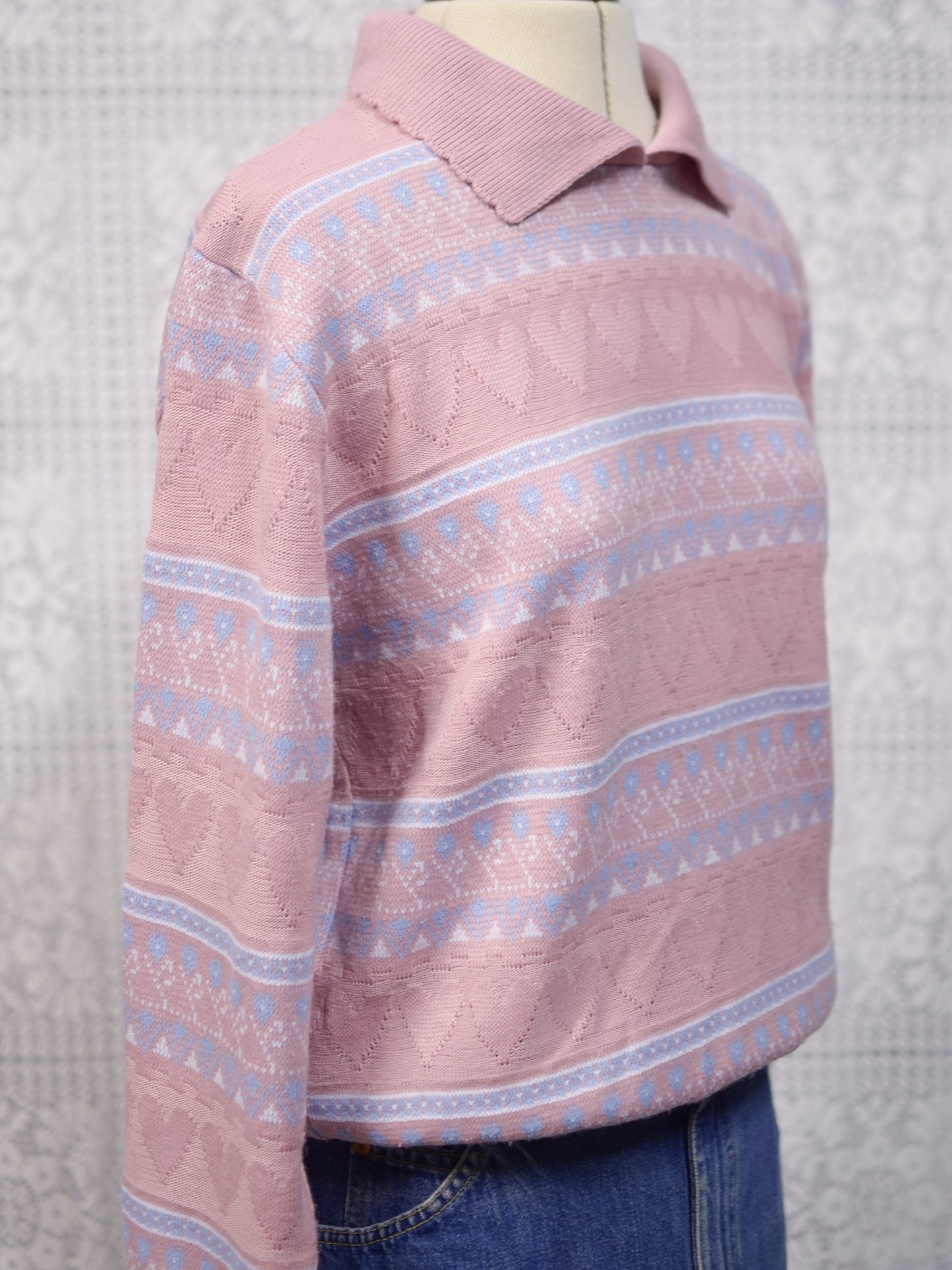 1990s pastel pink heart stripe patterned collared jumper