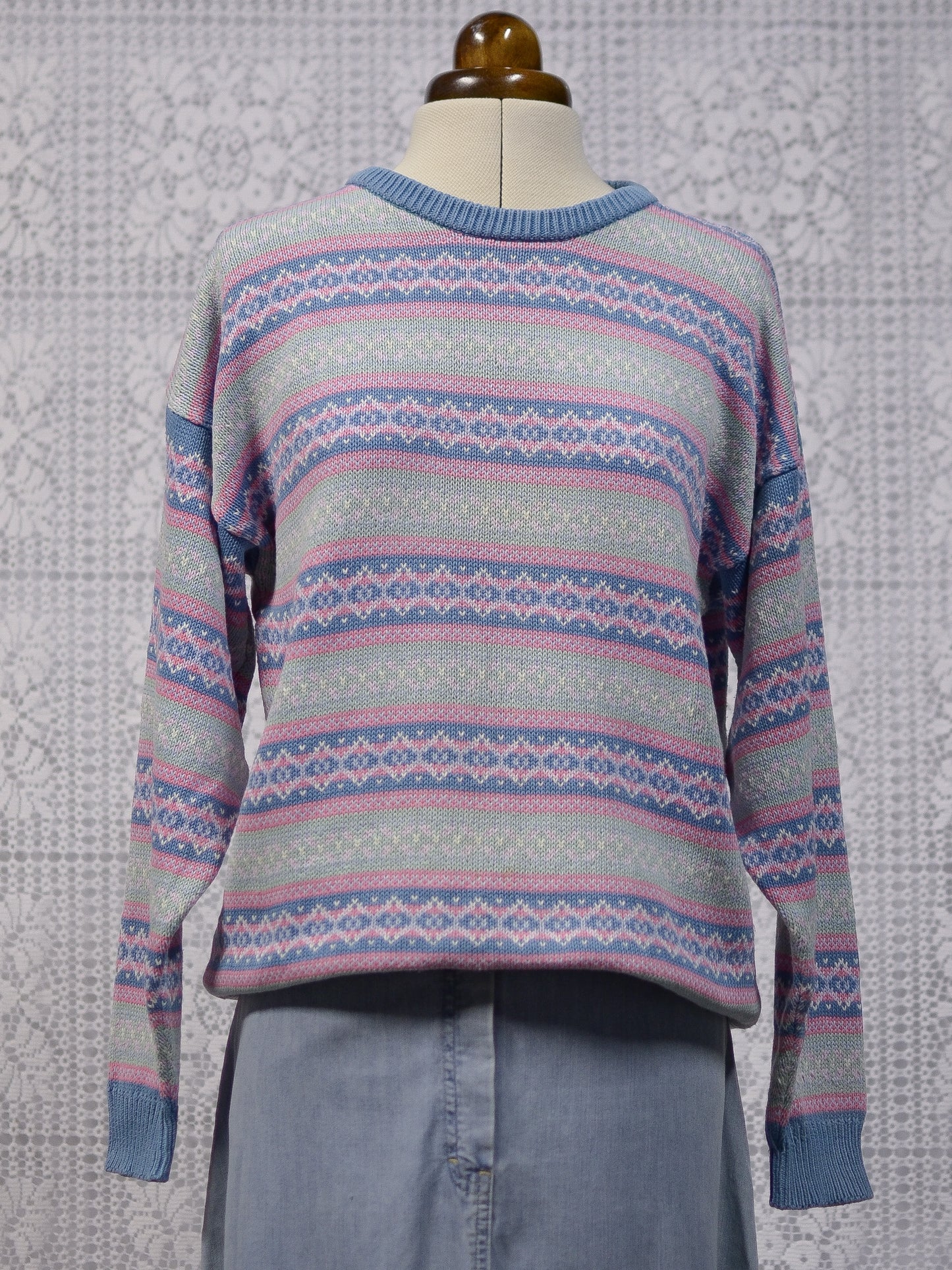 1990s Laura Ashley turquoise and pink striped fair isle striped cotton jumper