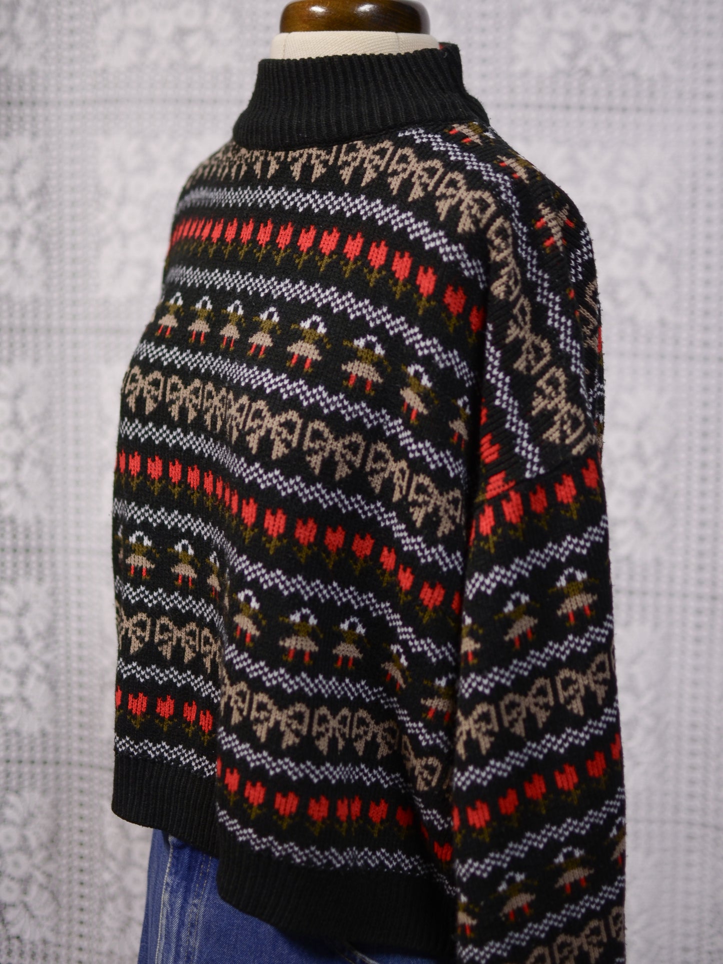 1980s black, white, red and green festive folk patterned jumper