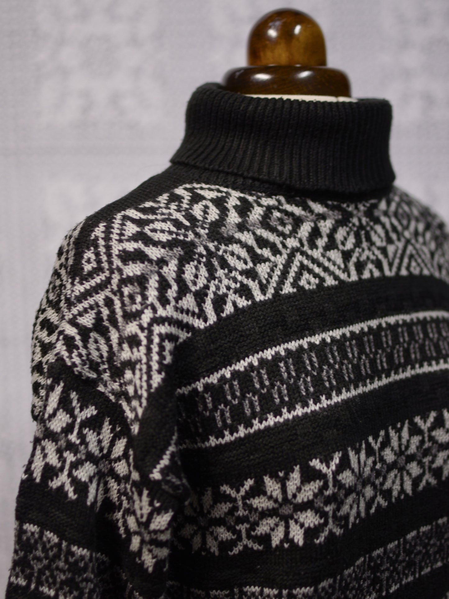 1990s St Michael black and white snowflake nordic striped roll neck jumper