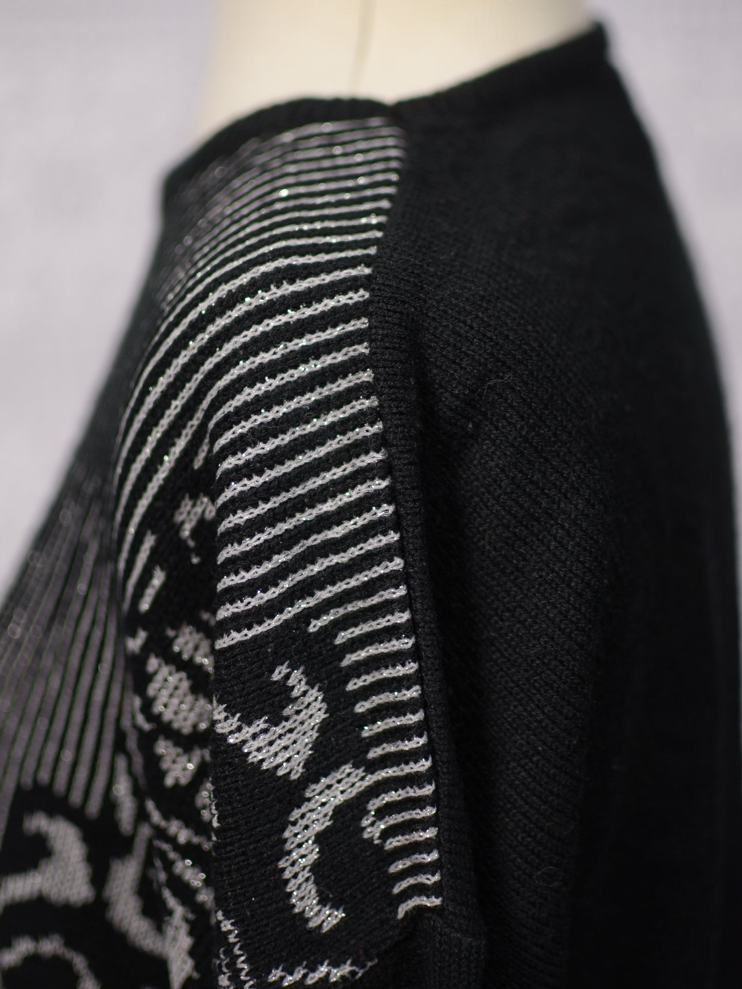 1980s Sears black, grey and silver striped and floral jumper