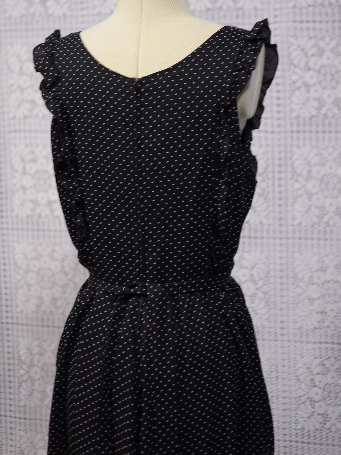 1970s black and white polkadot frilled pinafore maxi dress