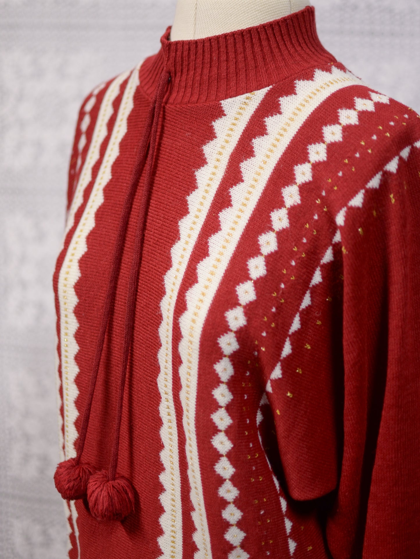 1980s Etam red, white and gold frill neck pompom jumper