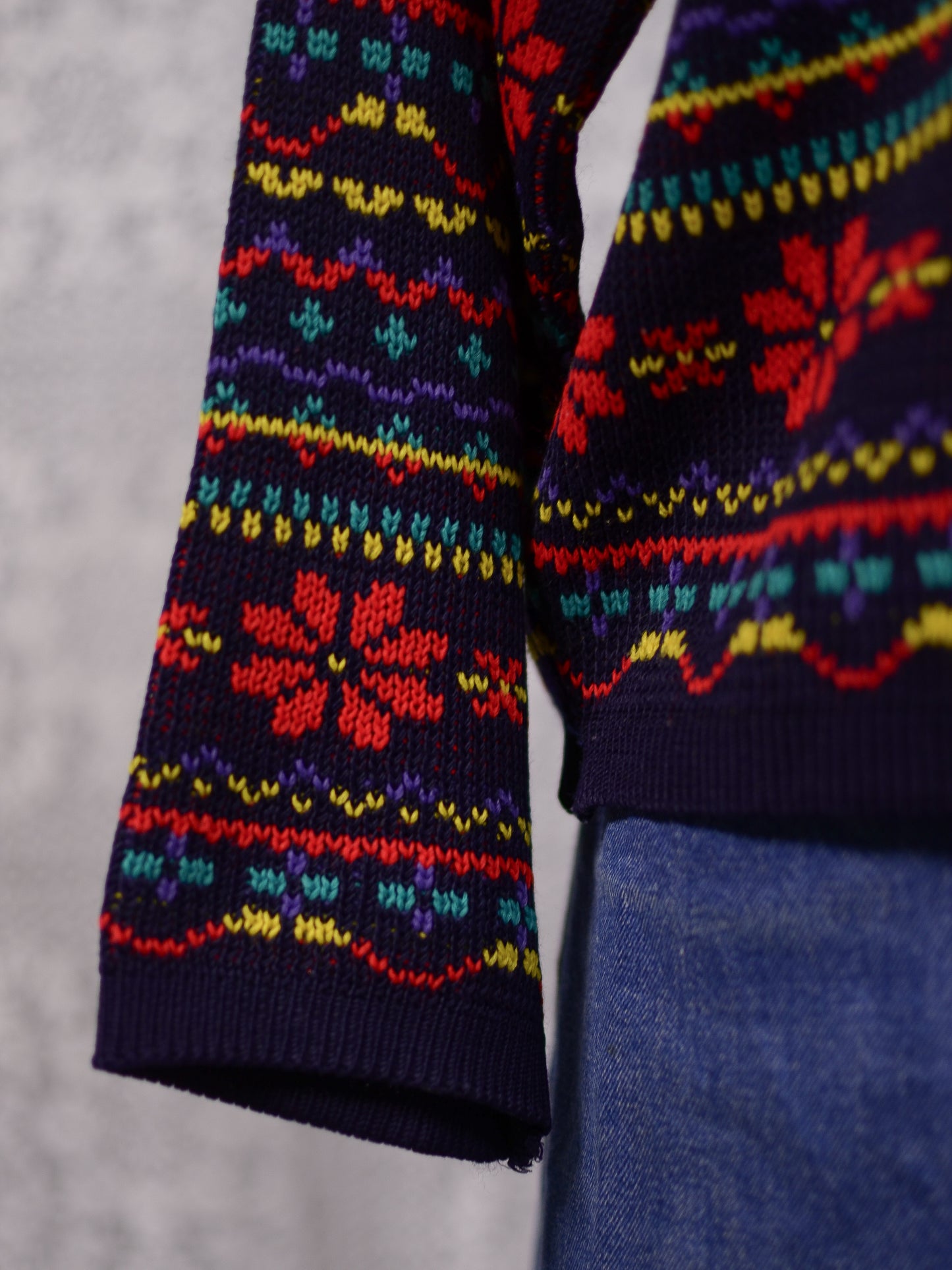 1990s Dorothy Perkins navy blue, red and yellow snowflake festive jumper