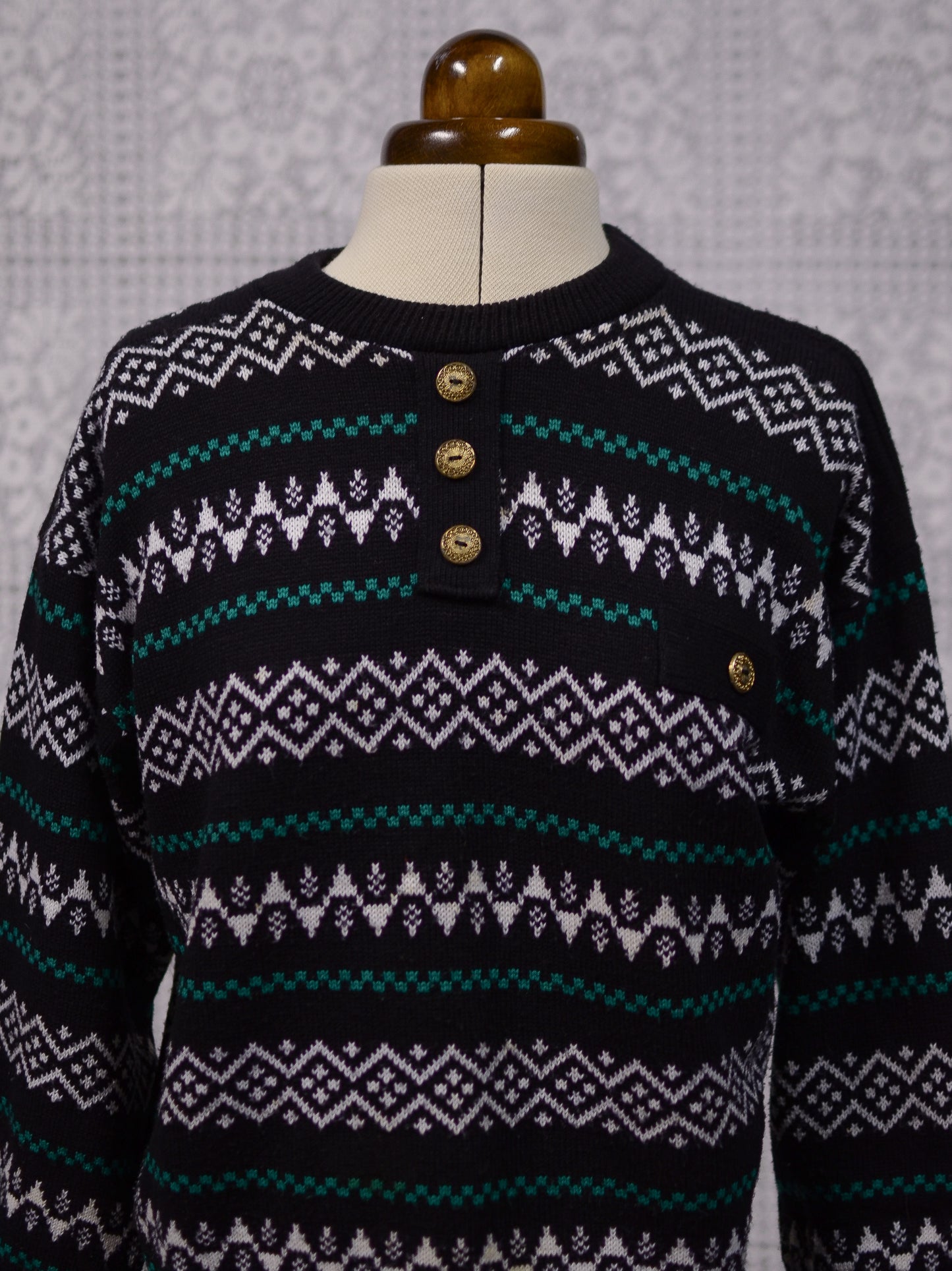 1980s black, white and green striped pattern pocket jumper