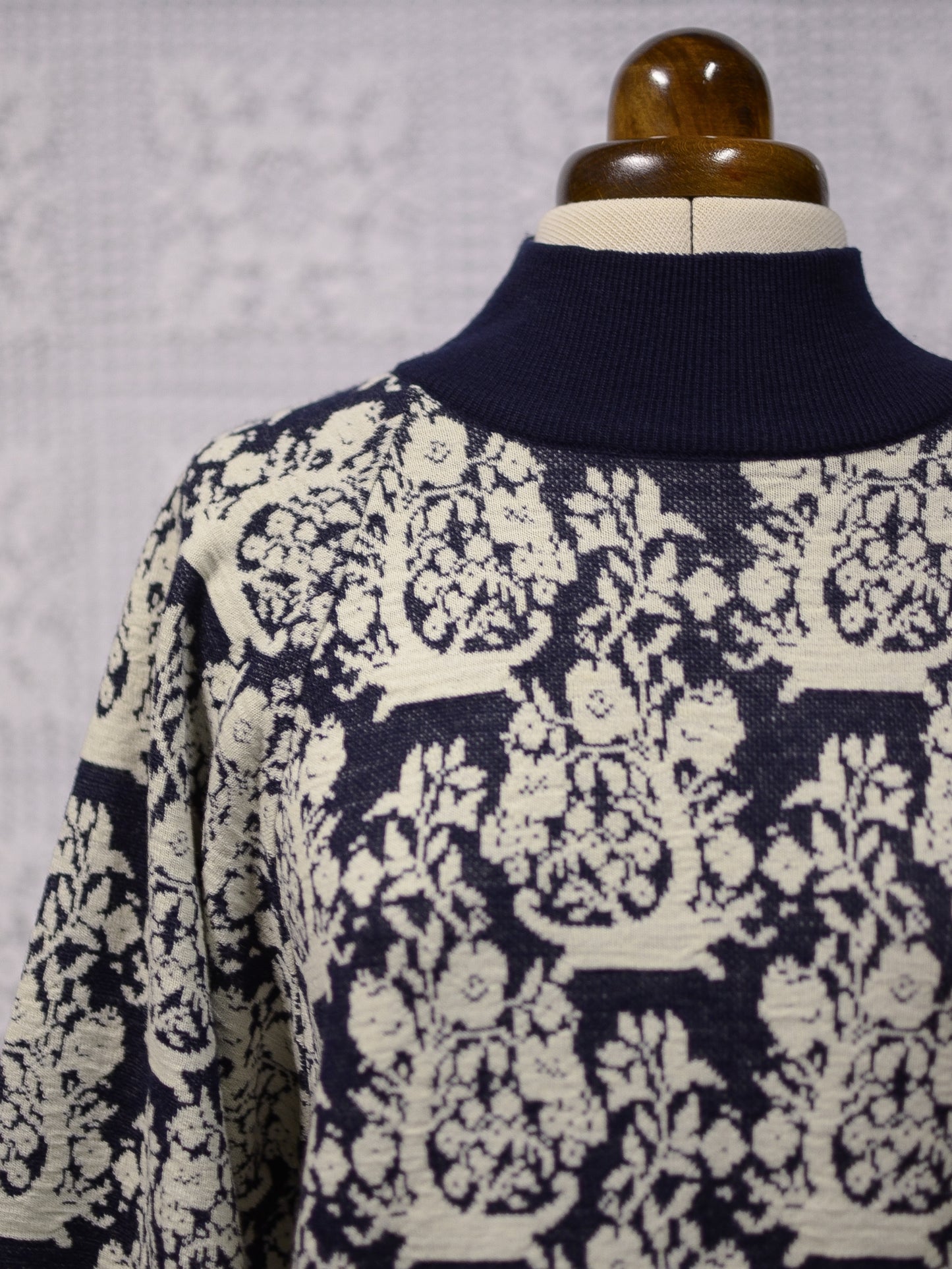 1980s navy and white knitted high neck patterned jumper dress