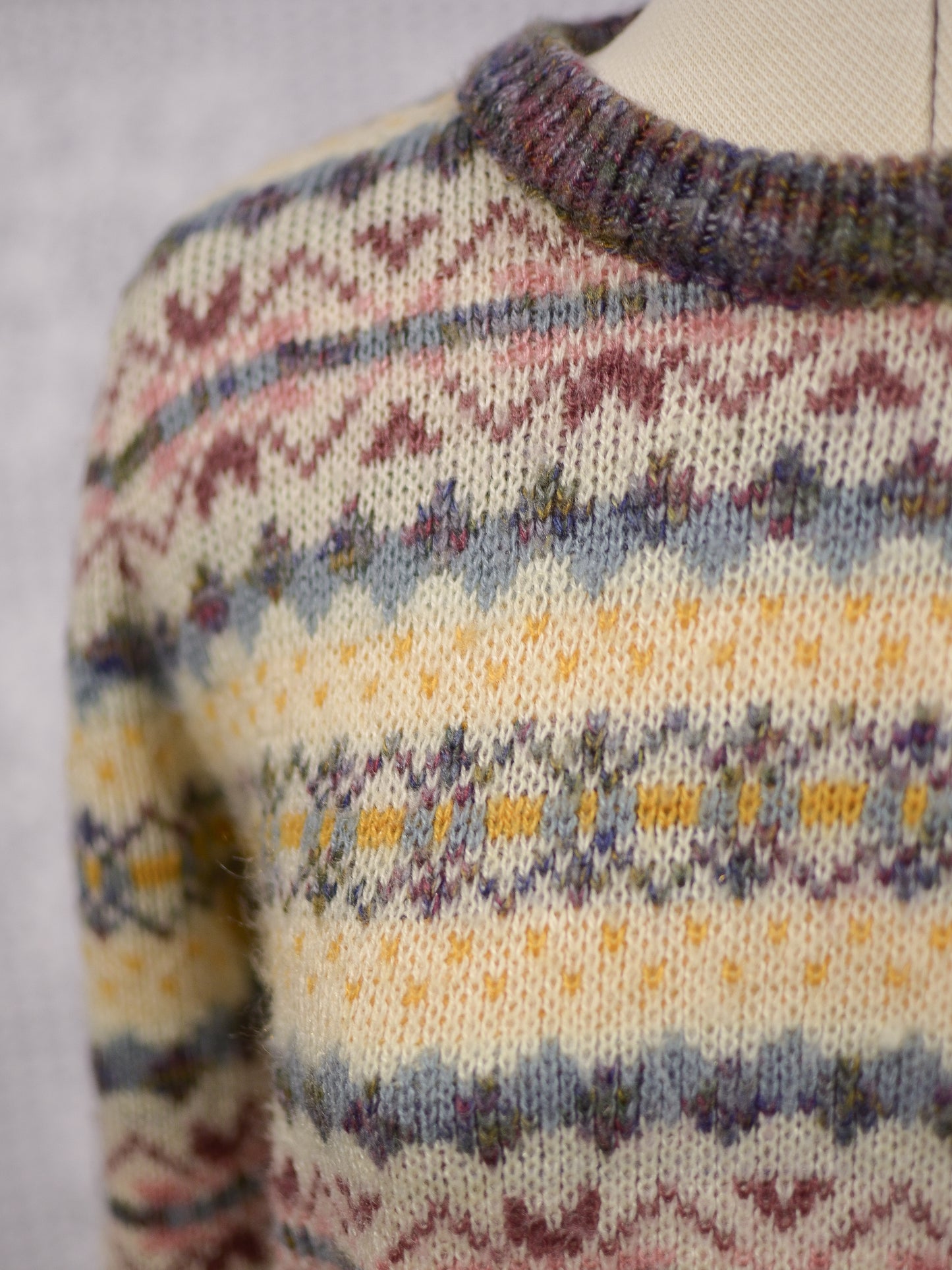 1980s BHS grey, purple, yellow and cream snowflake nordic stripe patterned jumper